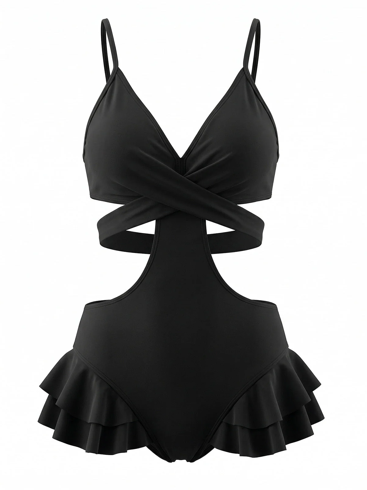 Black 1940s Criss-Cross Cutout Ruffle One-Piece Swimsuit - Image 2