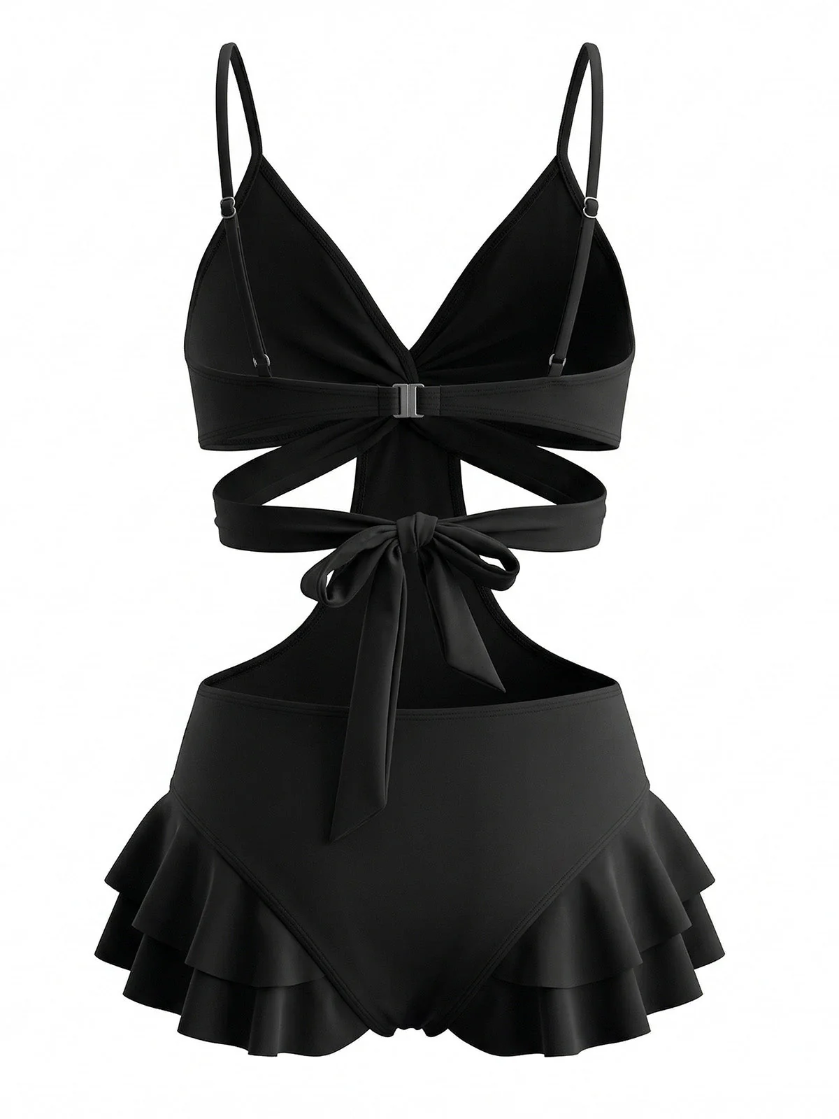 Black 1940s Criss-Cross Cutout Ruffle One-Piece Swimsuit - Image 3