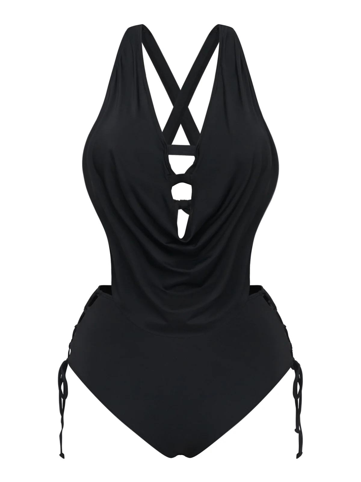 Black 1940s Crisscross Cutout Lace-Up Tankini Set - Image 2
