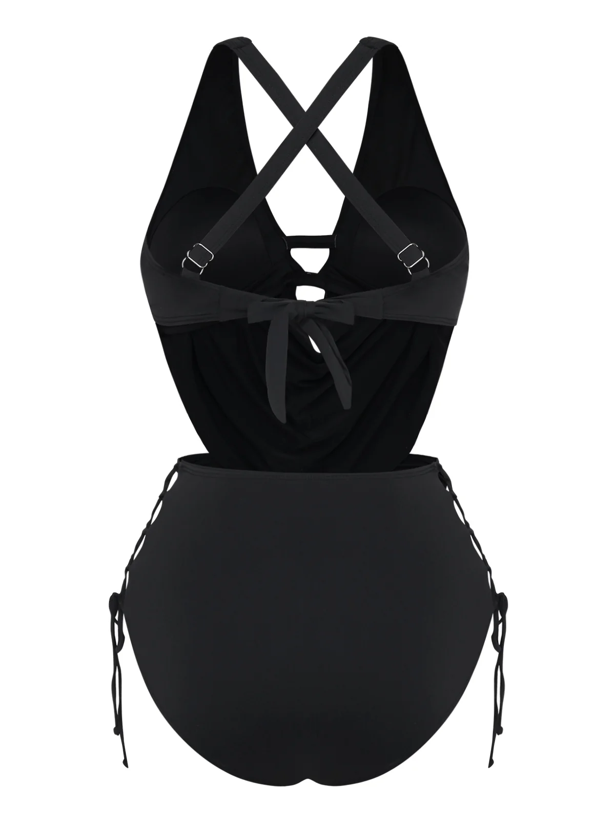Black 1940s Crisscross Cutout Lace-Up Tankini Set - Image 3