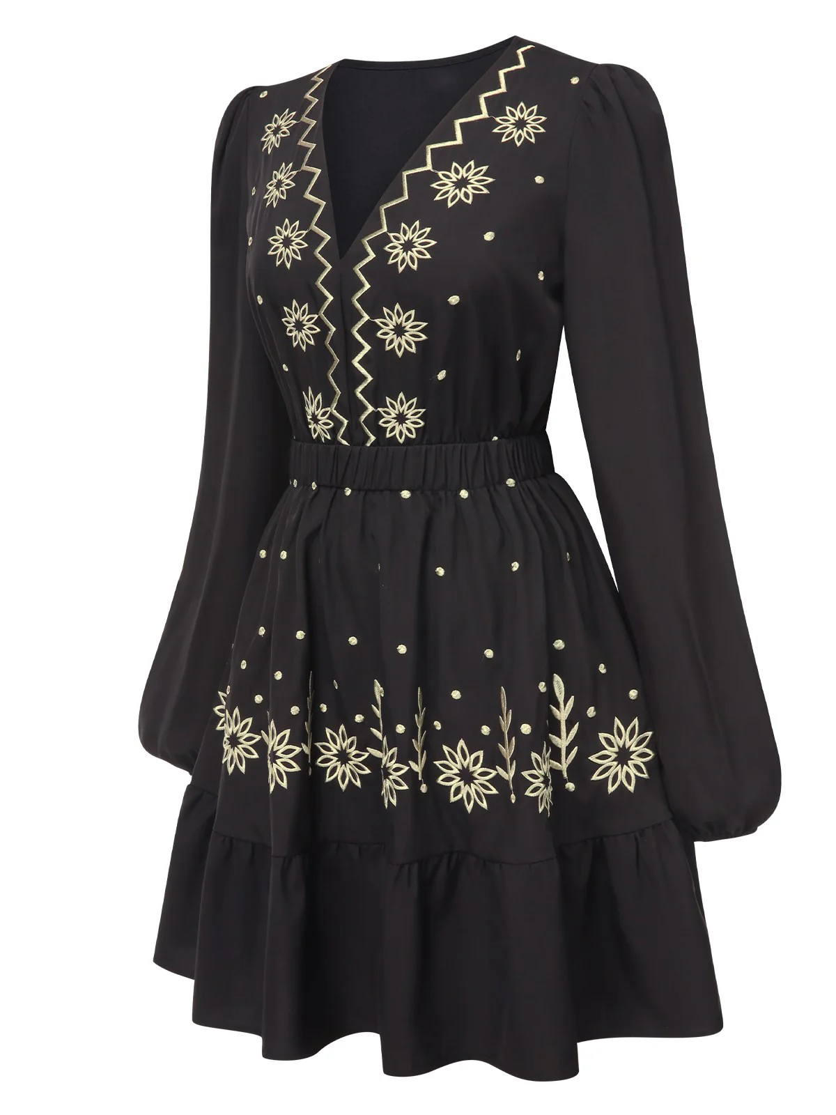 Black 1940s Deep V Embroidered Floral Dress - Image 2