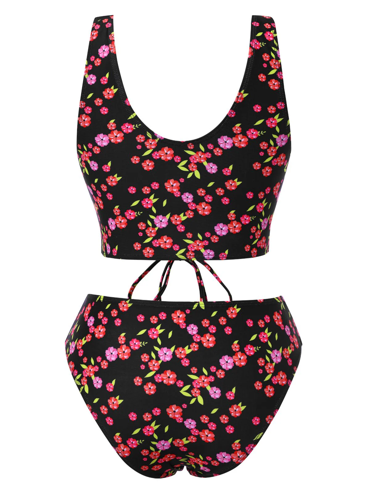 Black 1940s Ditsy Floral Lace-Up Tankini Set - Image 2