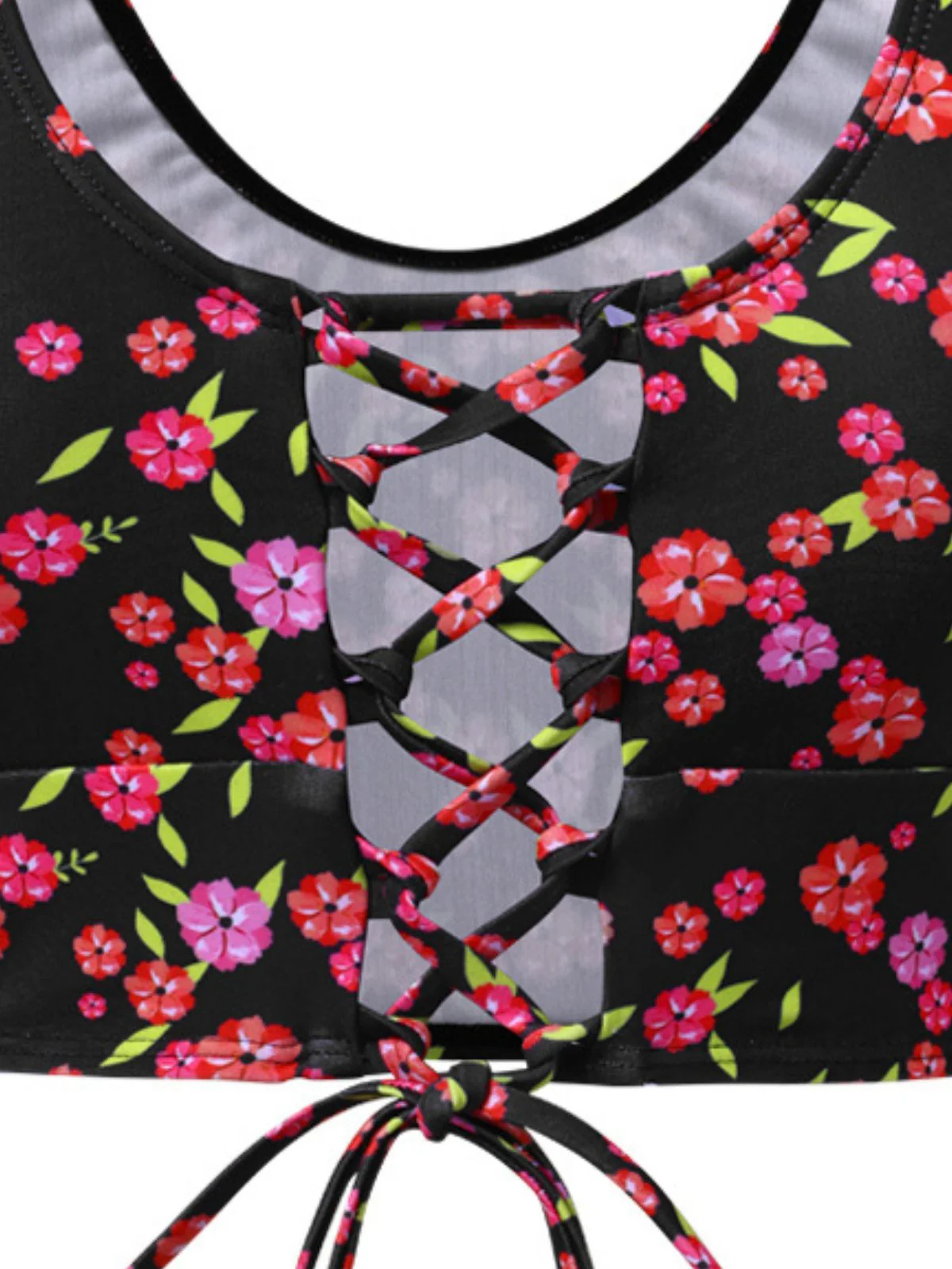 Black 1940s Ditsy Floral Lace-Up Tankini Set - Image 3