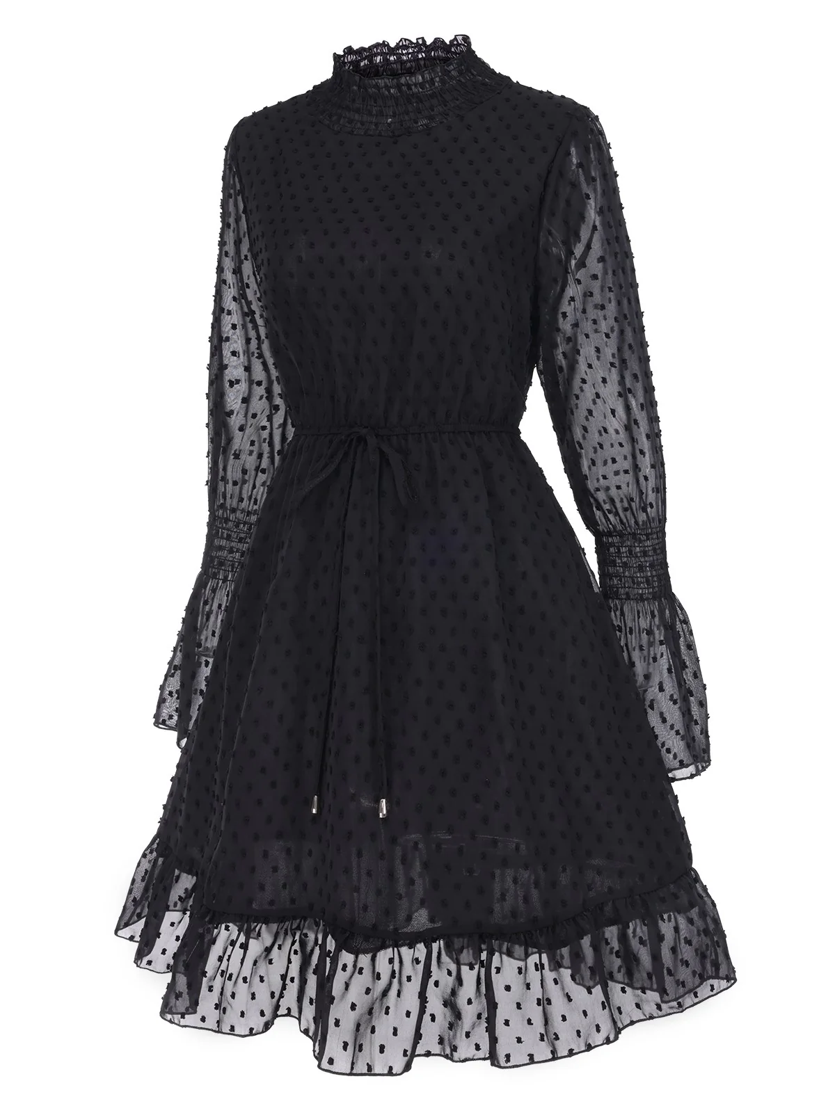 Black 1940s Dots Half Turtleneck Chiffon Dress - Image 2