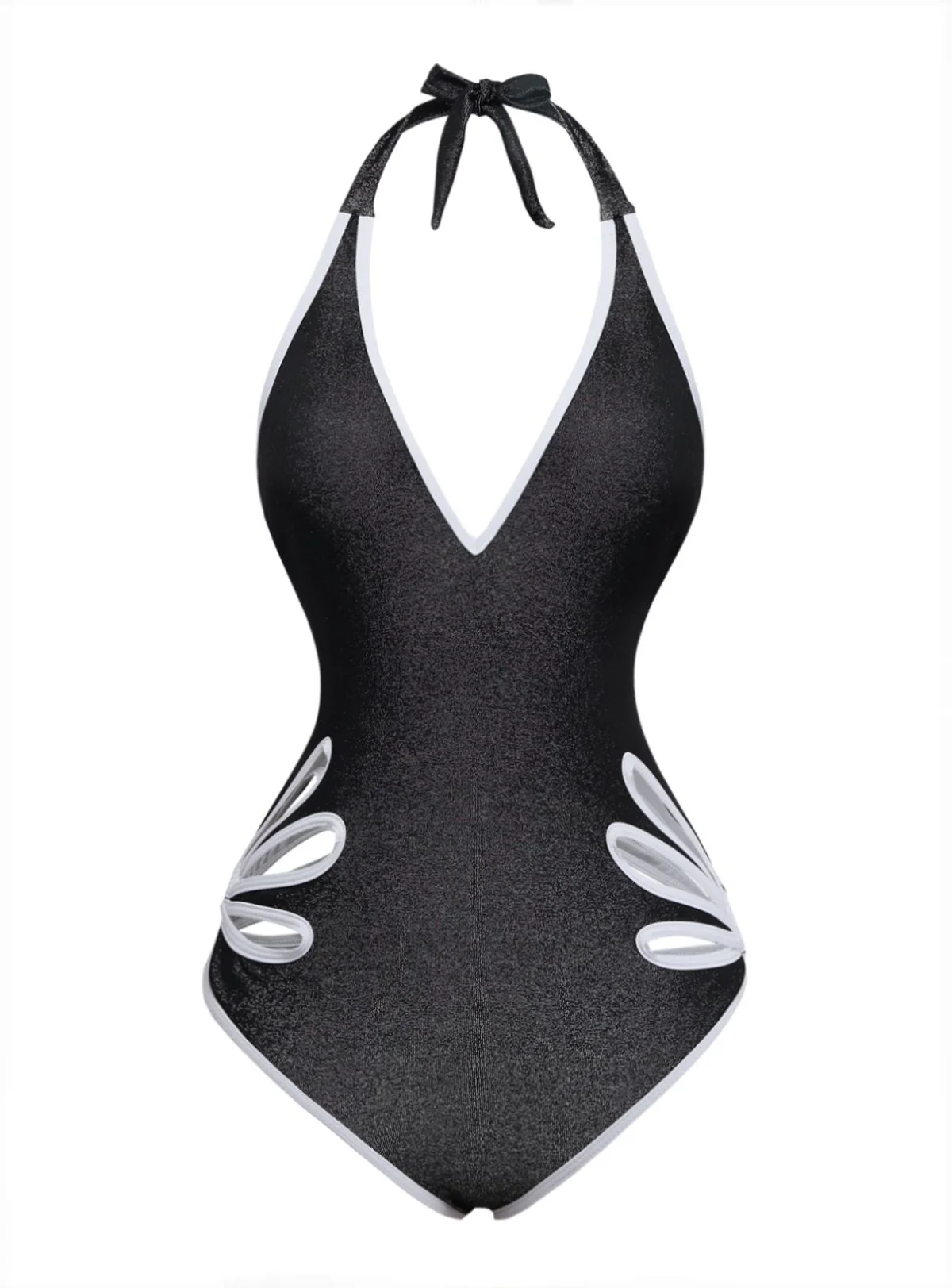 Black 1940s Floral Cut-Out Halter One-Piece Swimsuit - Image 2