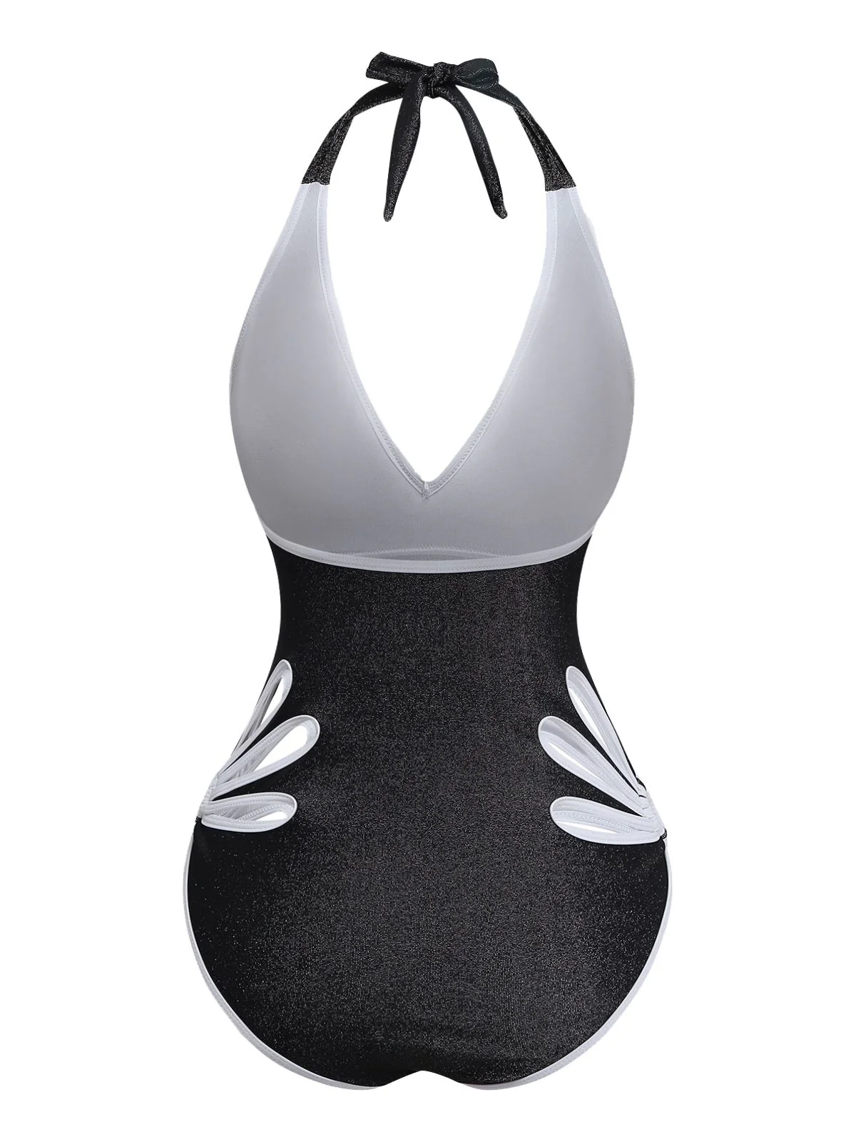 Black 1940s Floral Cut-Out Halter One-Piece Swimsuit - Image 3