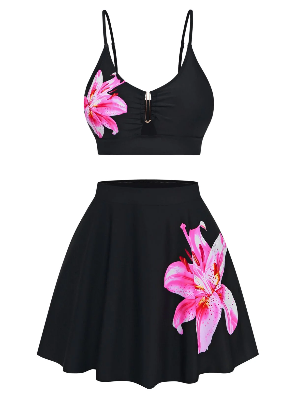 Black 1940s Floral Metal Buckle Tankini Set - Image 2