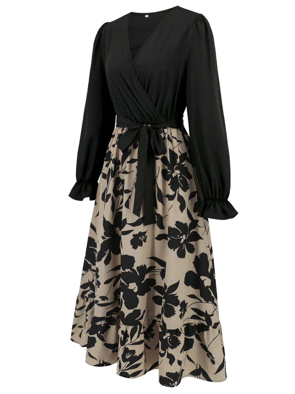 Black 1940s Floral Silhouette Long Sleeved Dress - Image 2