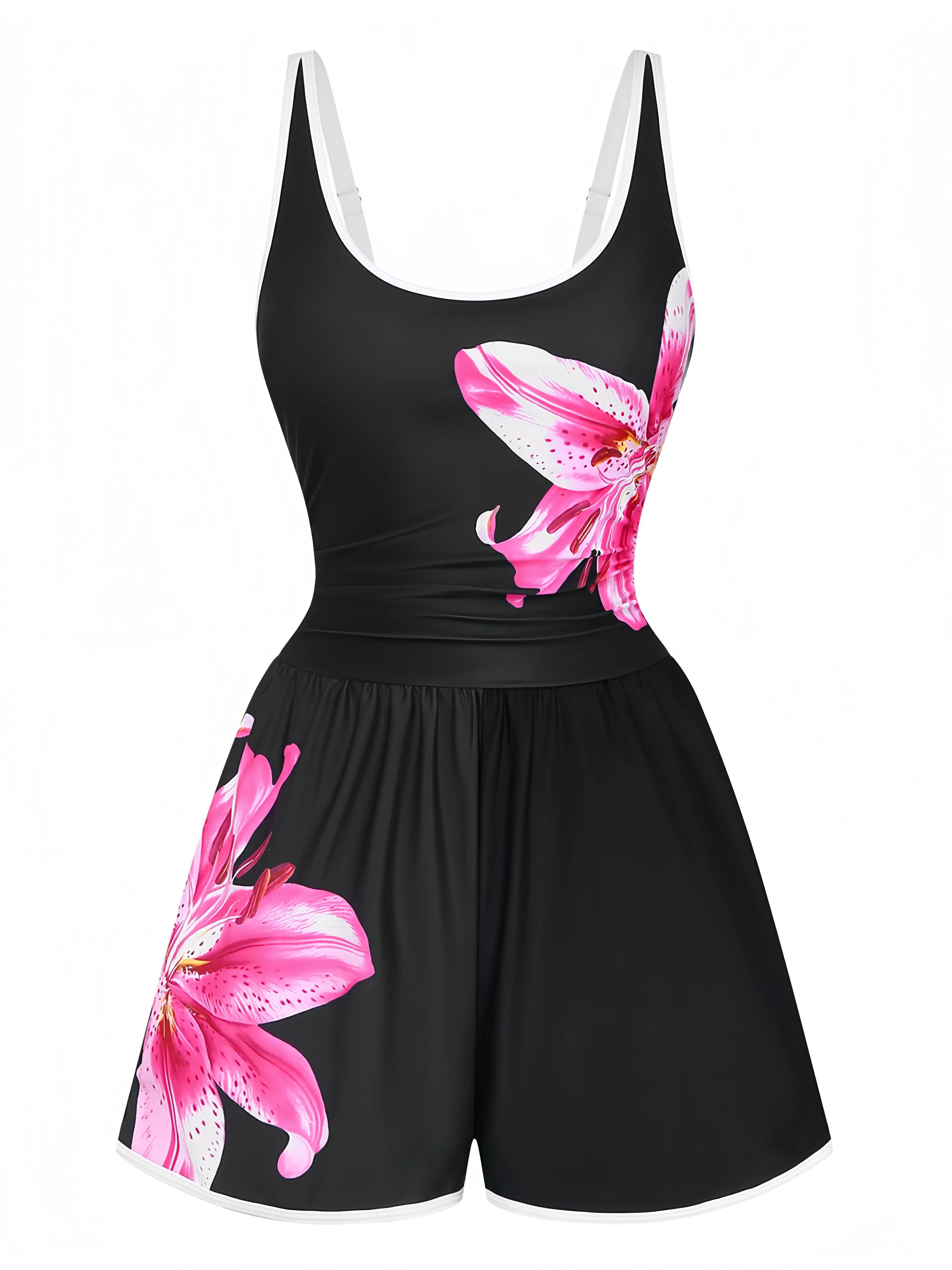 Black 1940s Floral Tankini One-Piece Swimsuit - Image 2