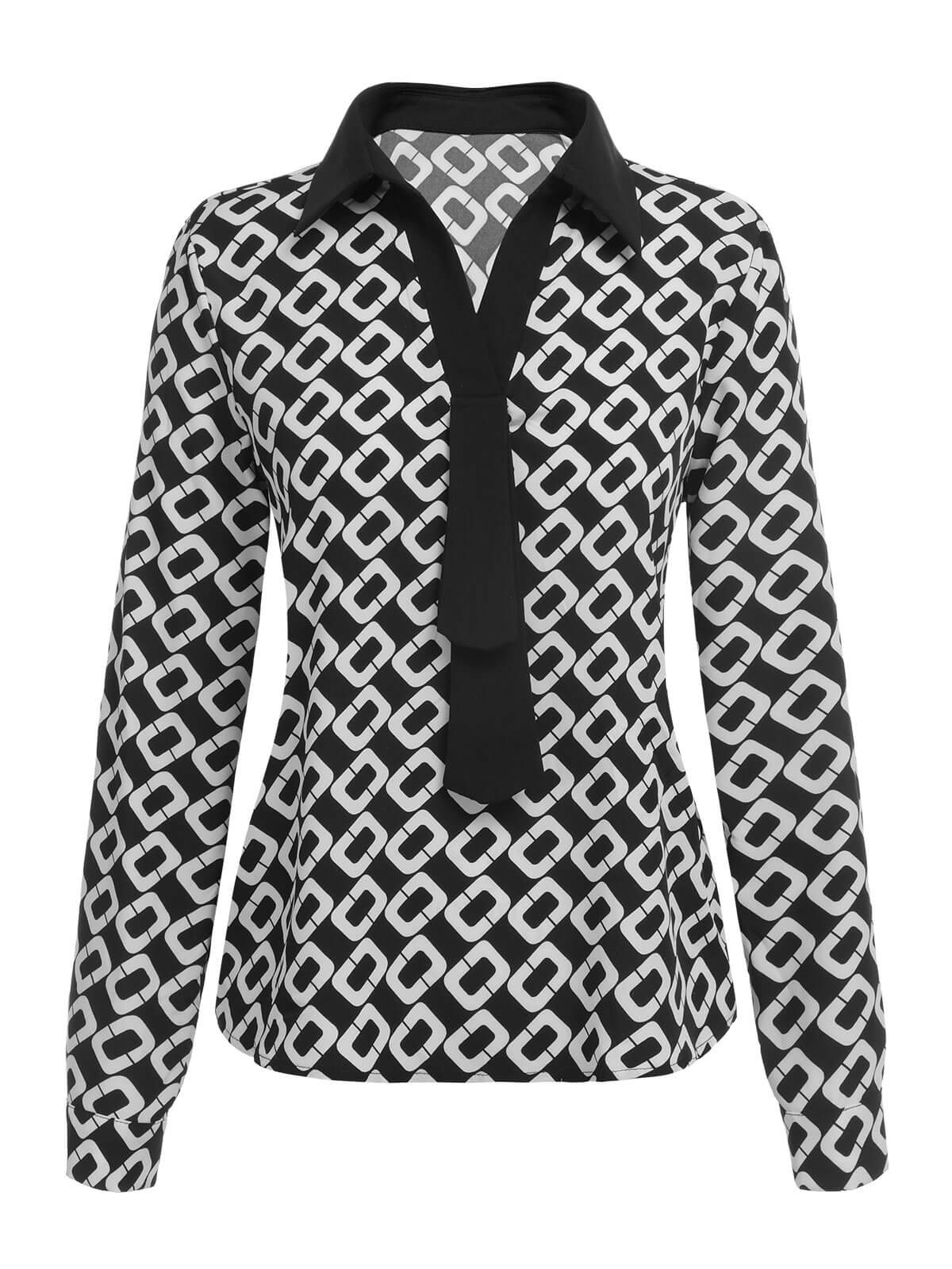 Black 1940s Geometric Patchwork Ribbon Blouse - Image 2