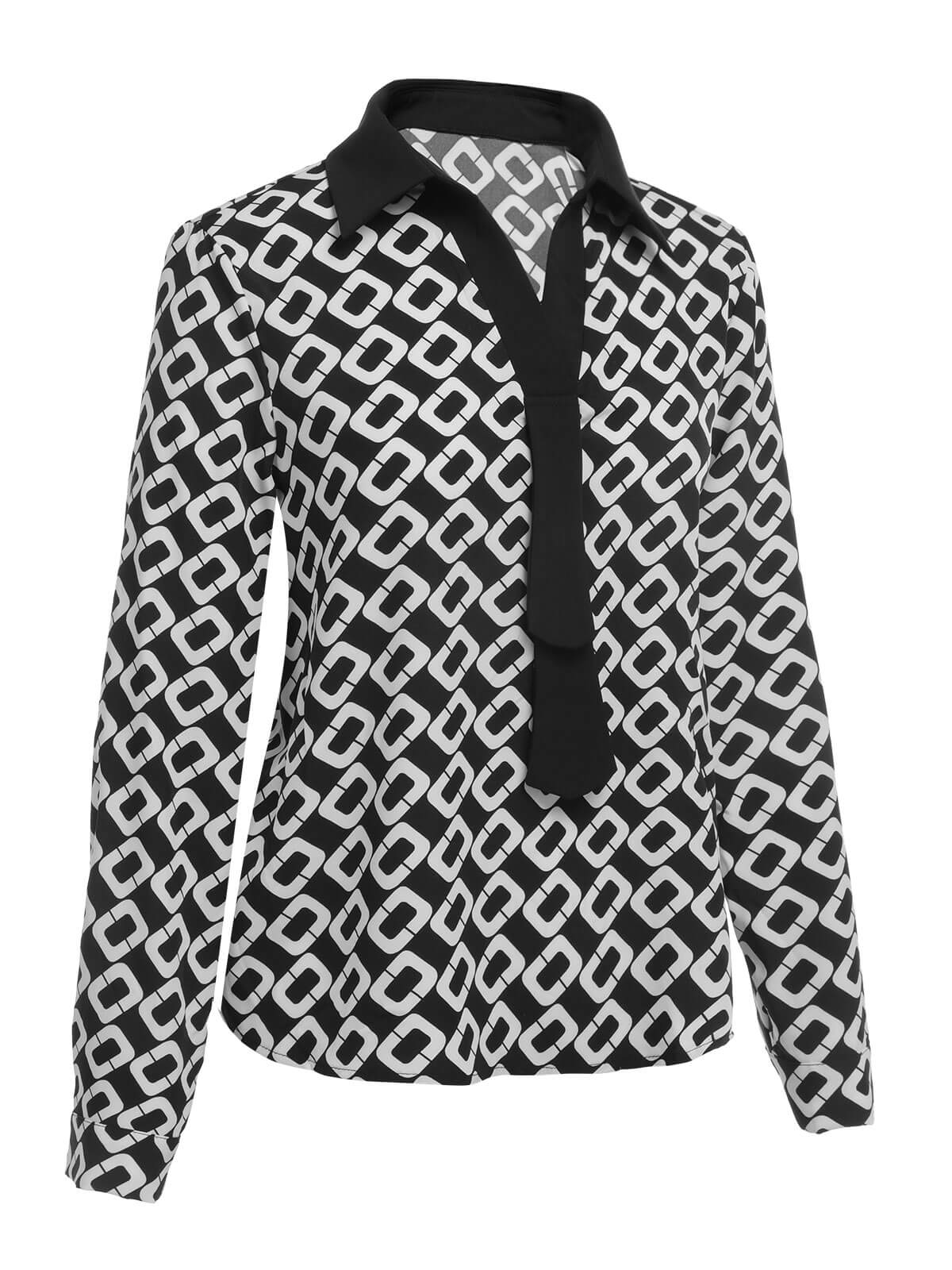 Black 1940s Geometric Patchwork Ribbon Blouse - Image 3