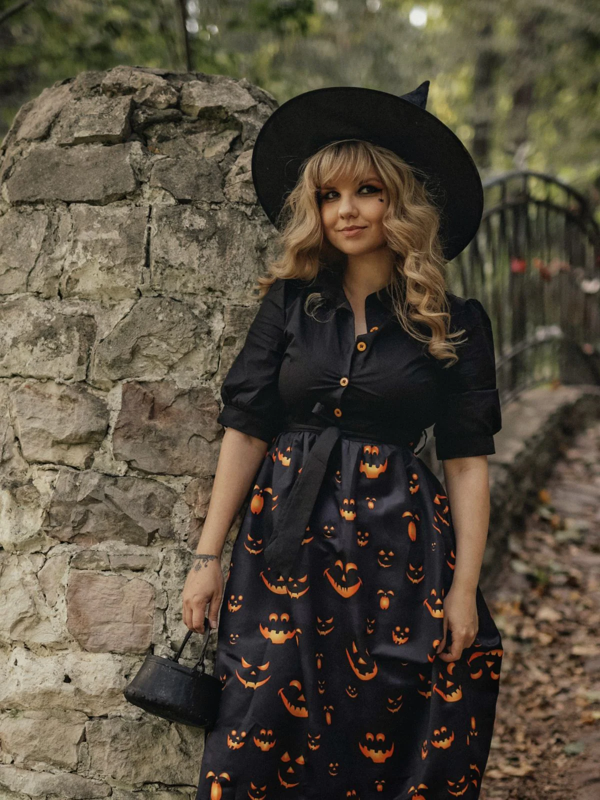 Black 1940s Halloween Lapel Pumpkin Belted Dress - Image 2