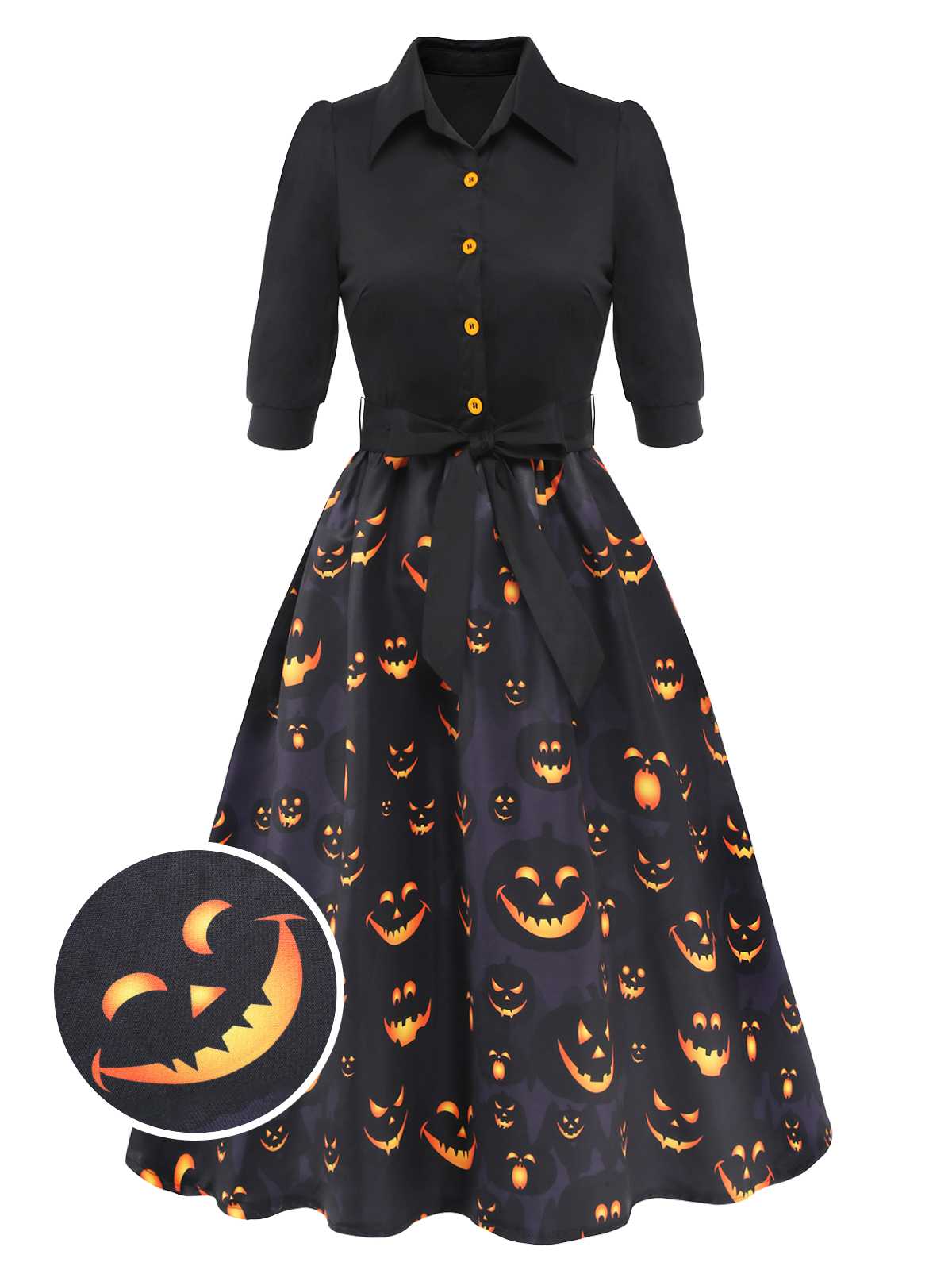 Black 1940s Halloween Lapel Pumpkin Belted Dress - Image 3