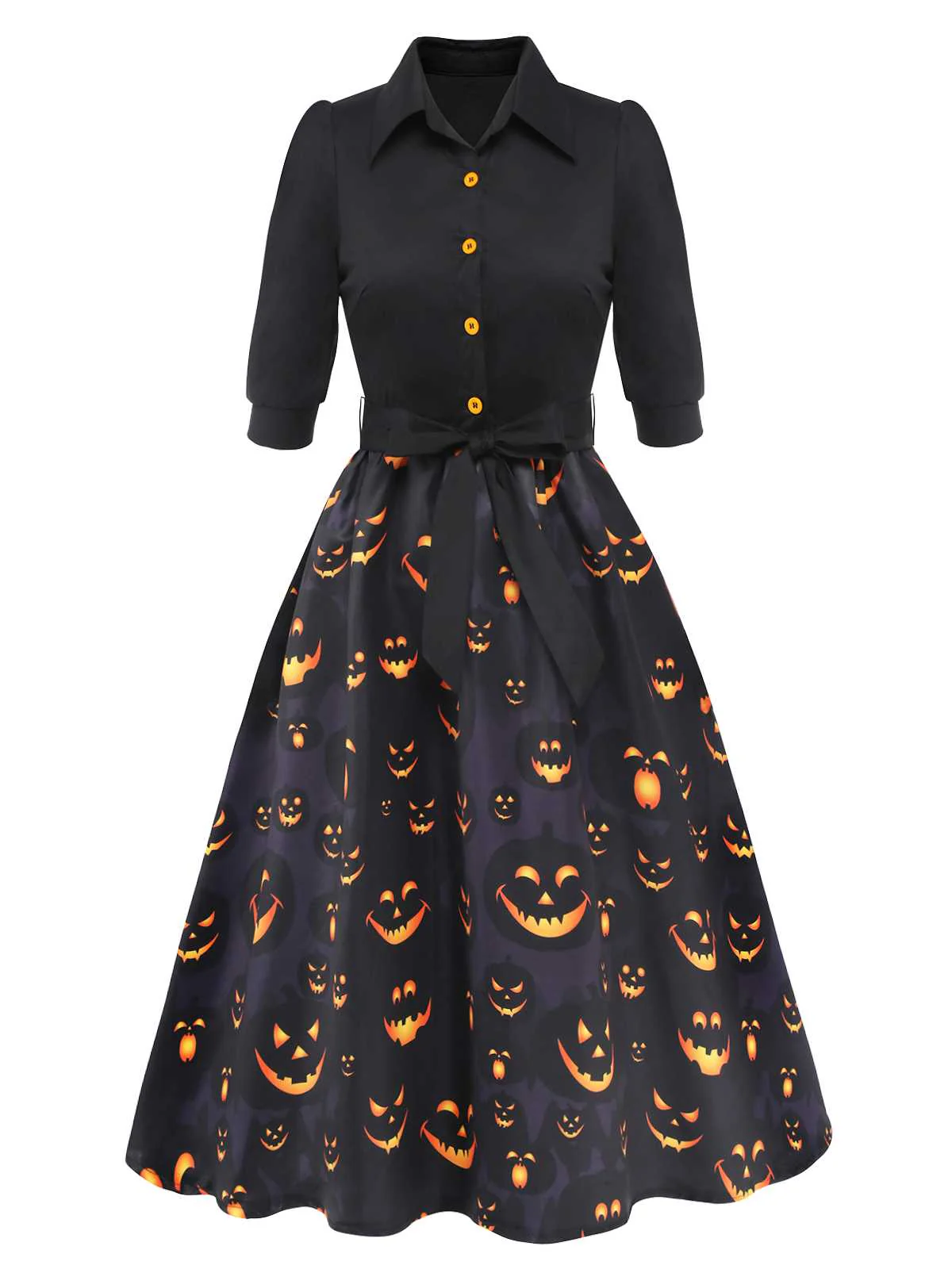 Black 1940s Halloween Lapel Pumpkin Belted Dress - Image 4