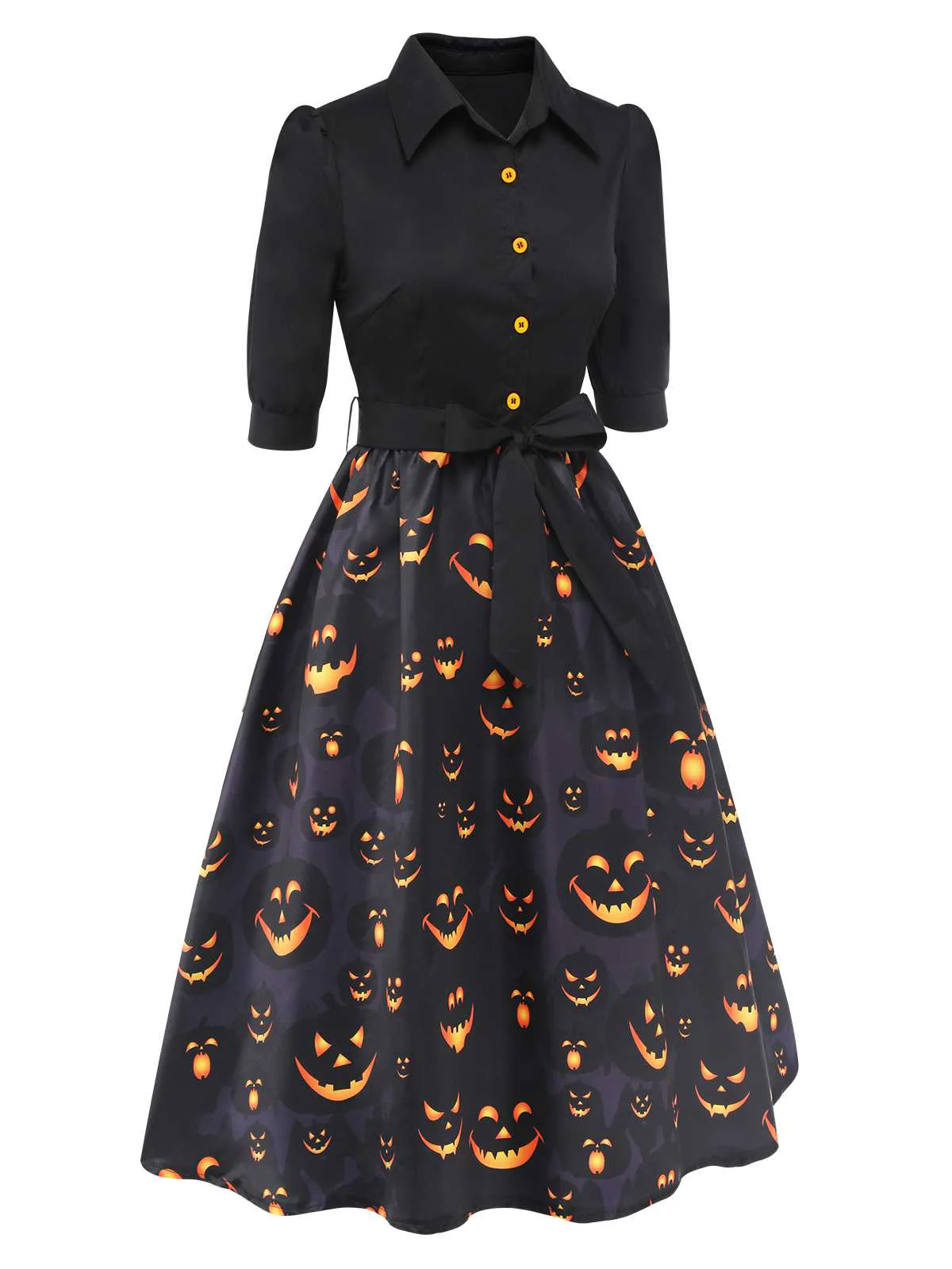 Black 1940s Halloween Lapel Pumpkin Belted Dress - Image 5