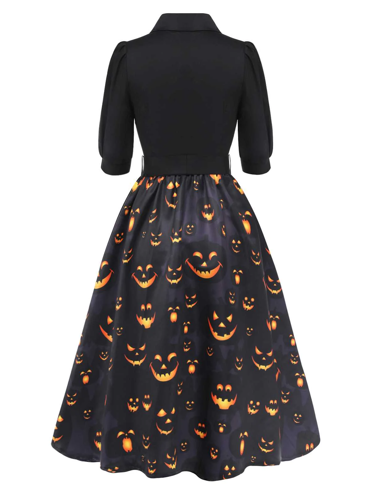 Black 1940s Halloween Lapel Pumpkin Belted Dress - Image 6