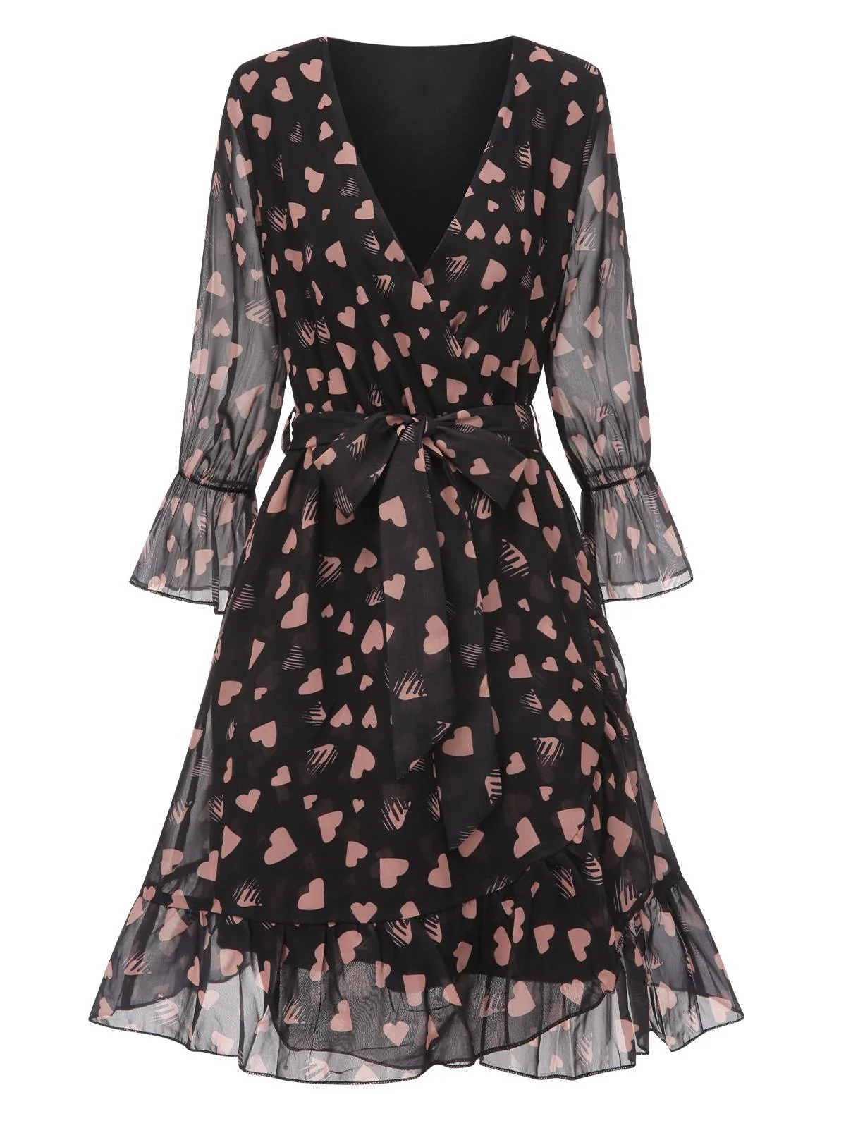 Black 1940s Heart Sheer Sleeves Wrap Dress - Image 2