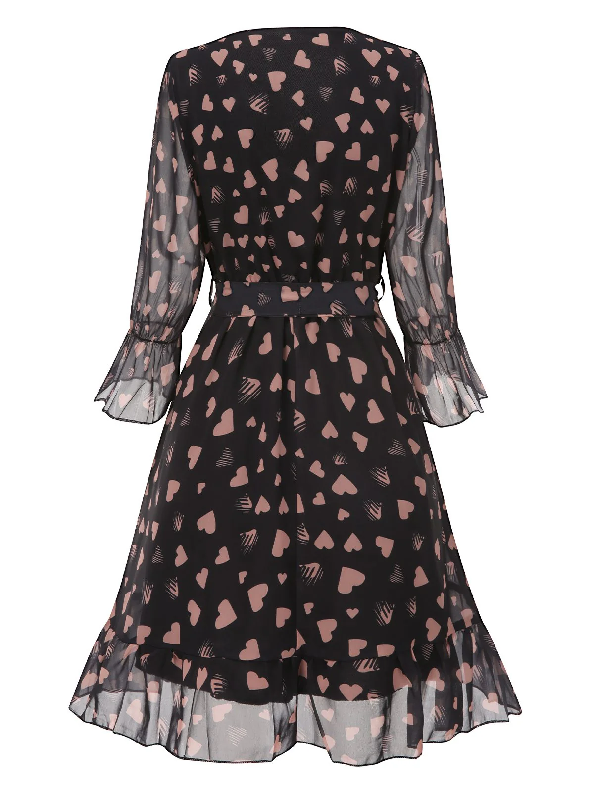 Black 1940s Heart Sheer Sleeves Wrap Dress - Image 3
