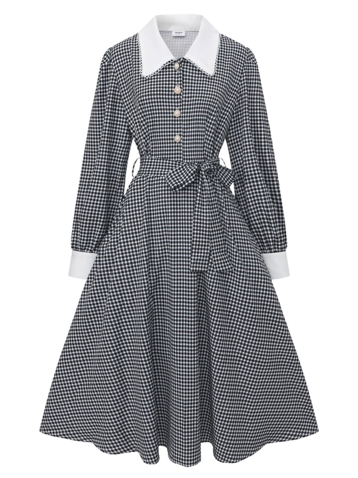 Black 1940s Houndstooth Puff-Sleeves Pearl Button Dress - Image 2