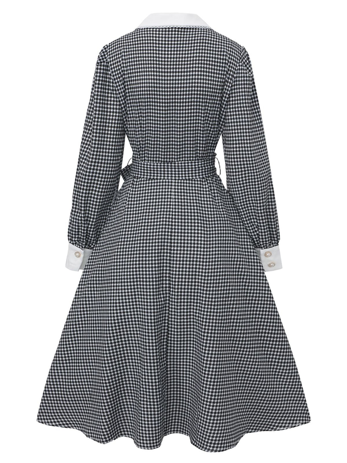 Black 1940s Houndstooth Puff-Sleeves Pearl Button Dress - Image 3
