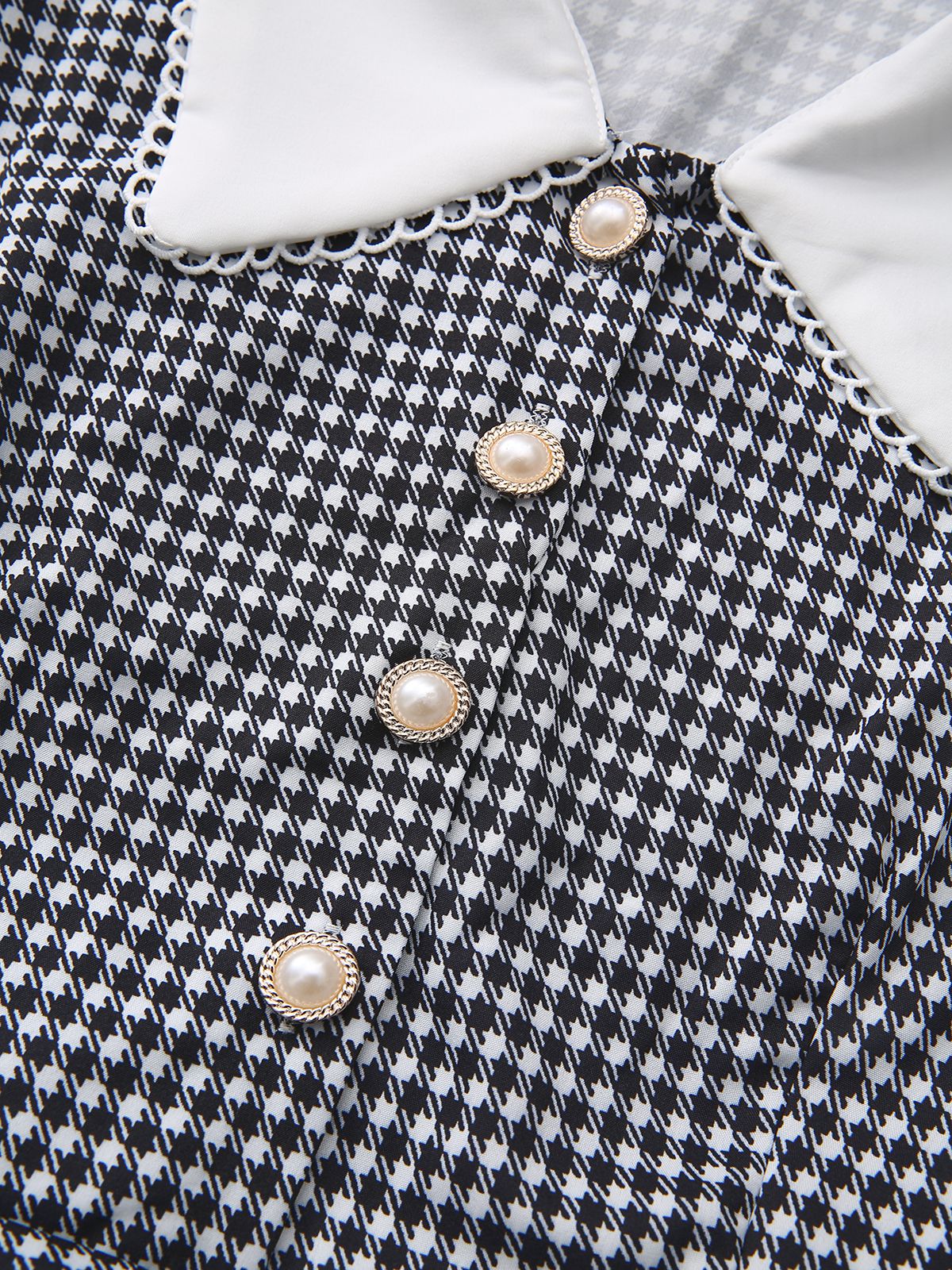 Black 1940s Houndstooth Puff-Sleeves Pearl Button Dress - Image 5