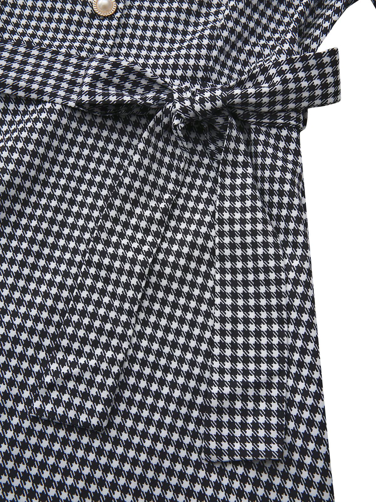 Black 1940s Houndstooth Puff-Sleeves Pearl Button Dress - Image 7