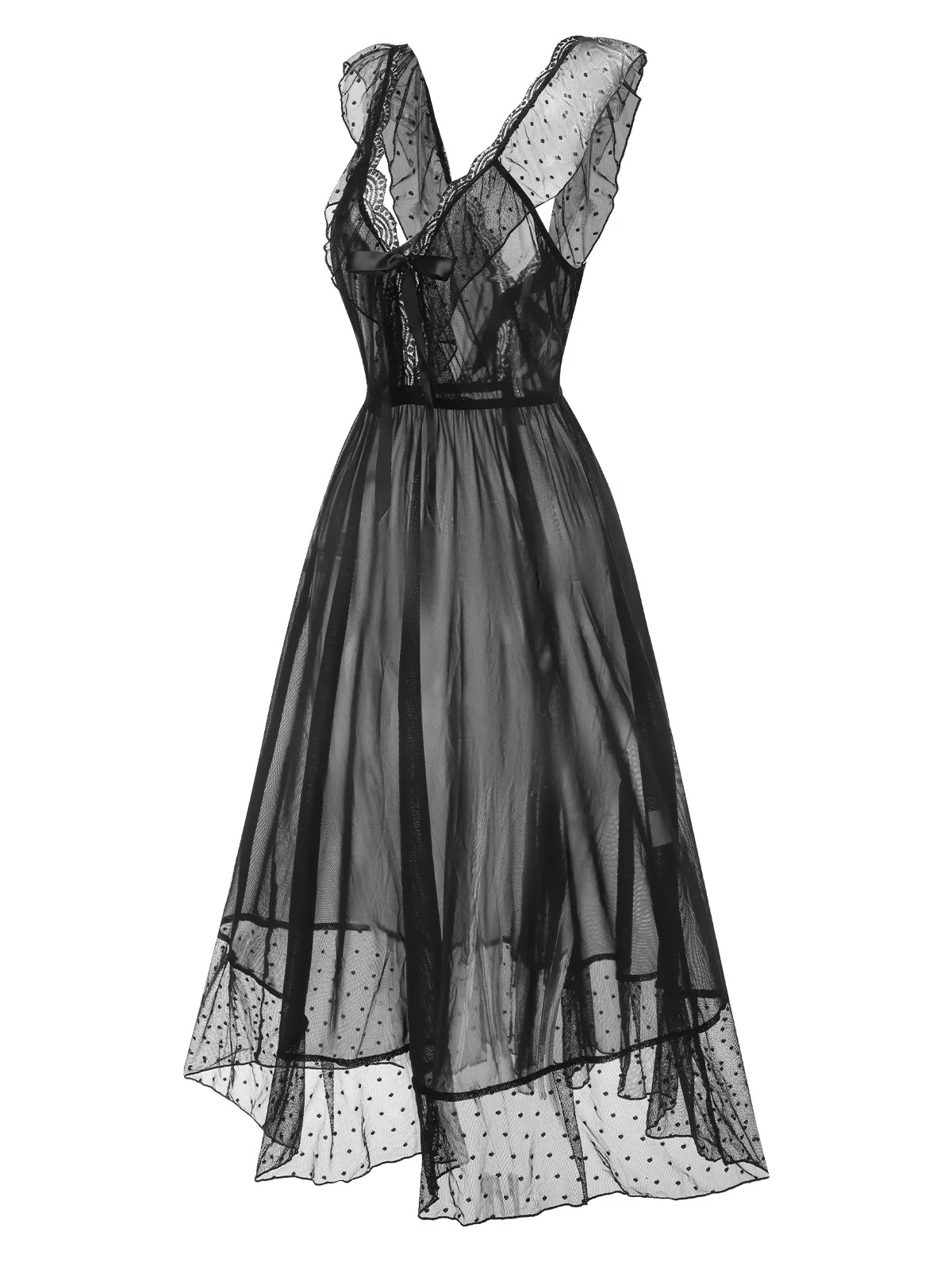 Black 1940s Lace Trim Dots Sheer Nightgown - Image 2