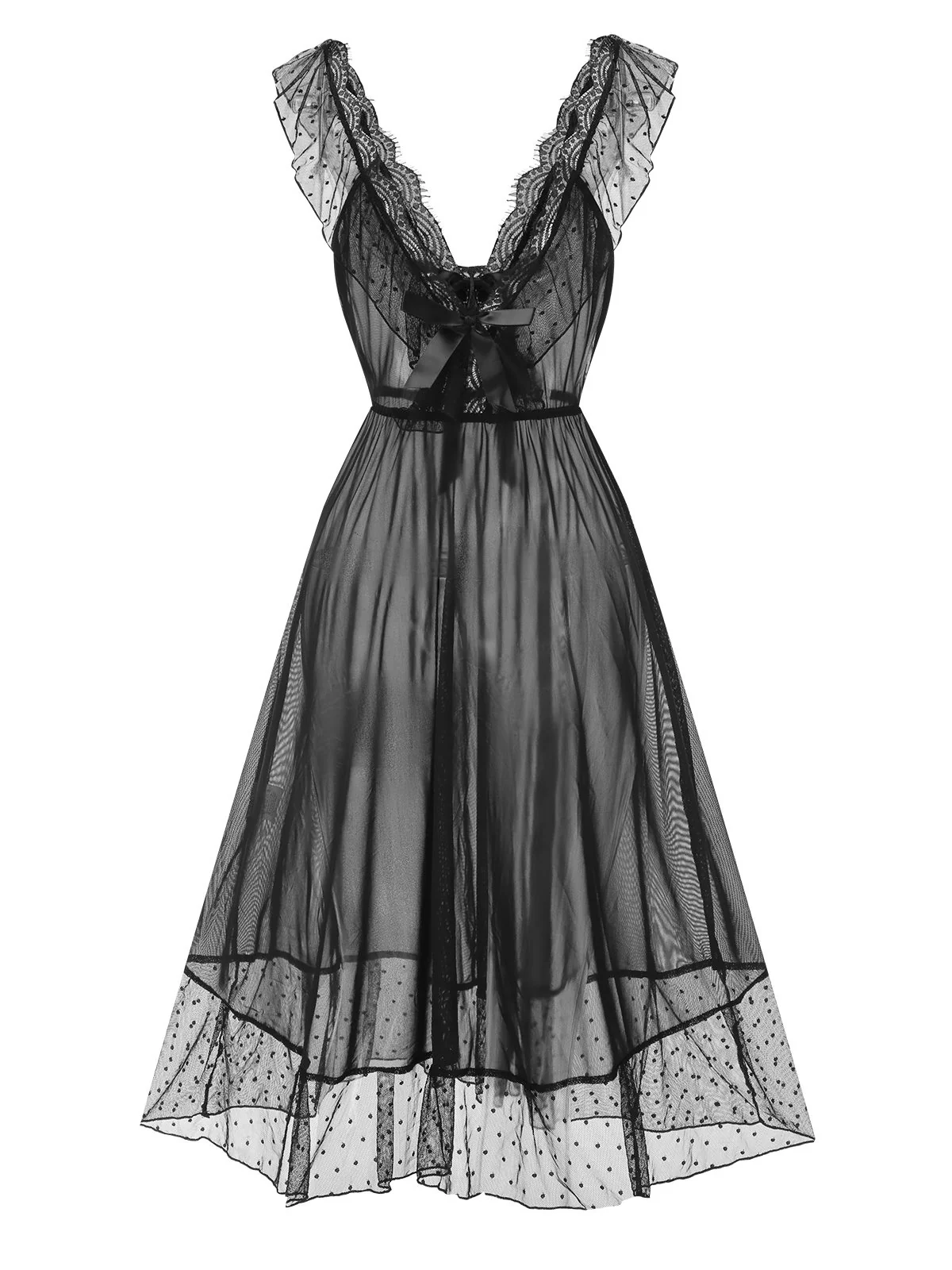 Black 1940s Lace Trim Dots Sheer Nightgown - Image 3