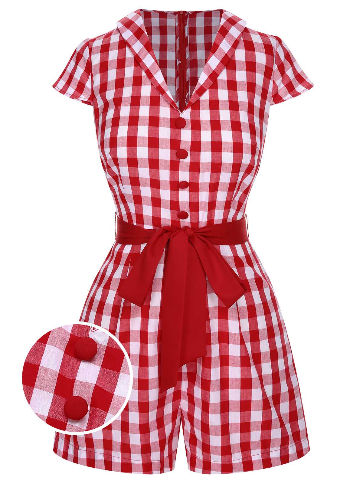 [Pre-Sale] Black 1940s Lapel Plaids Belted Romper - Image 4
