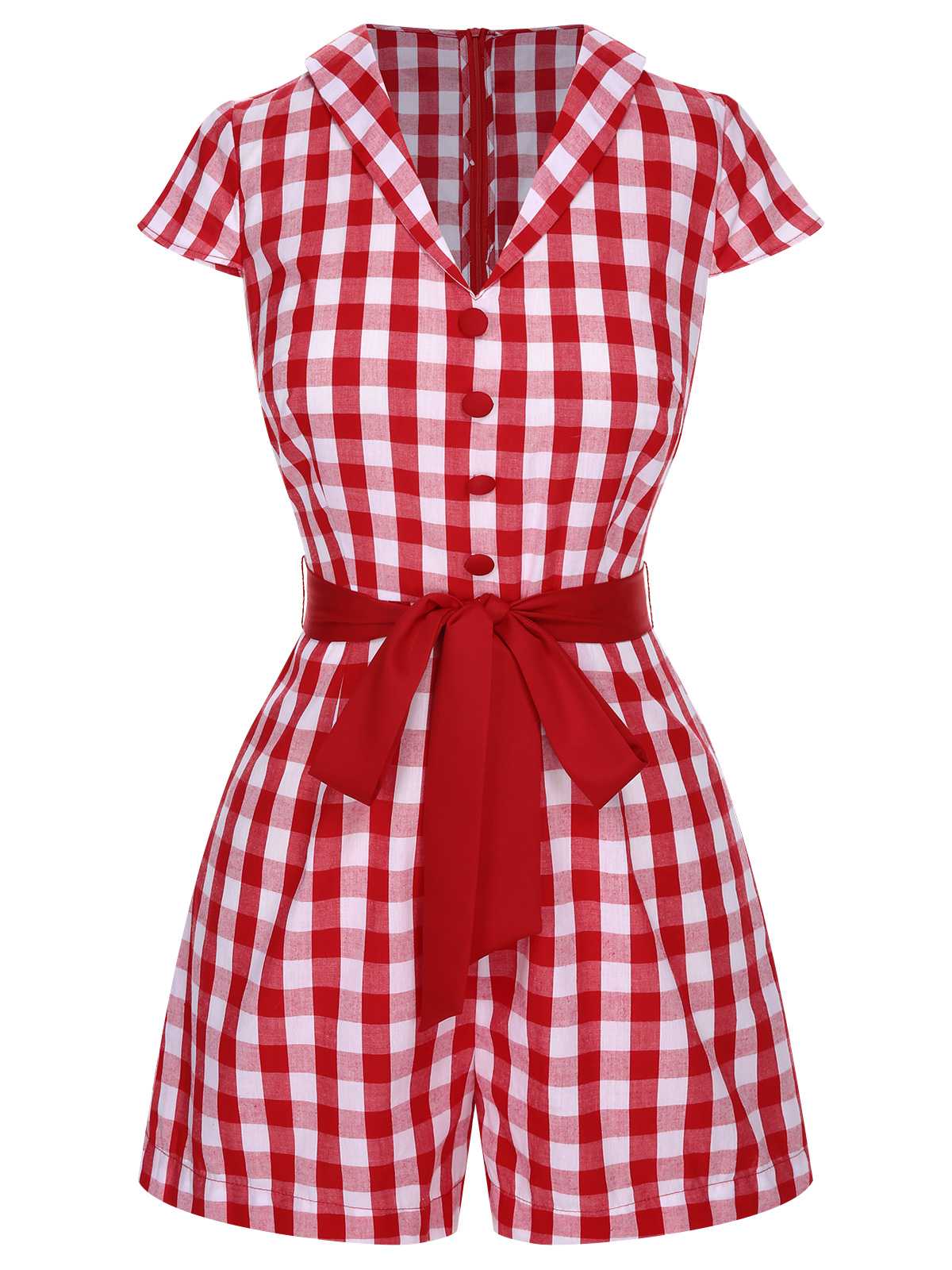 [Pre-Sale] Black 1940s Lapel Plaids Belted Romper - Image 5