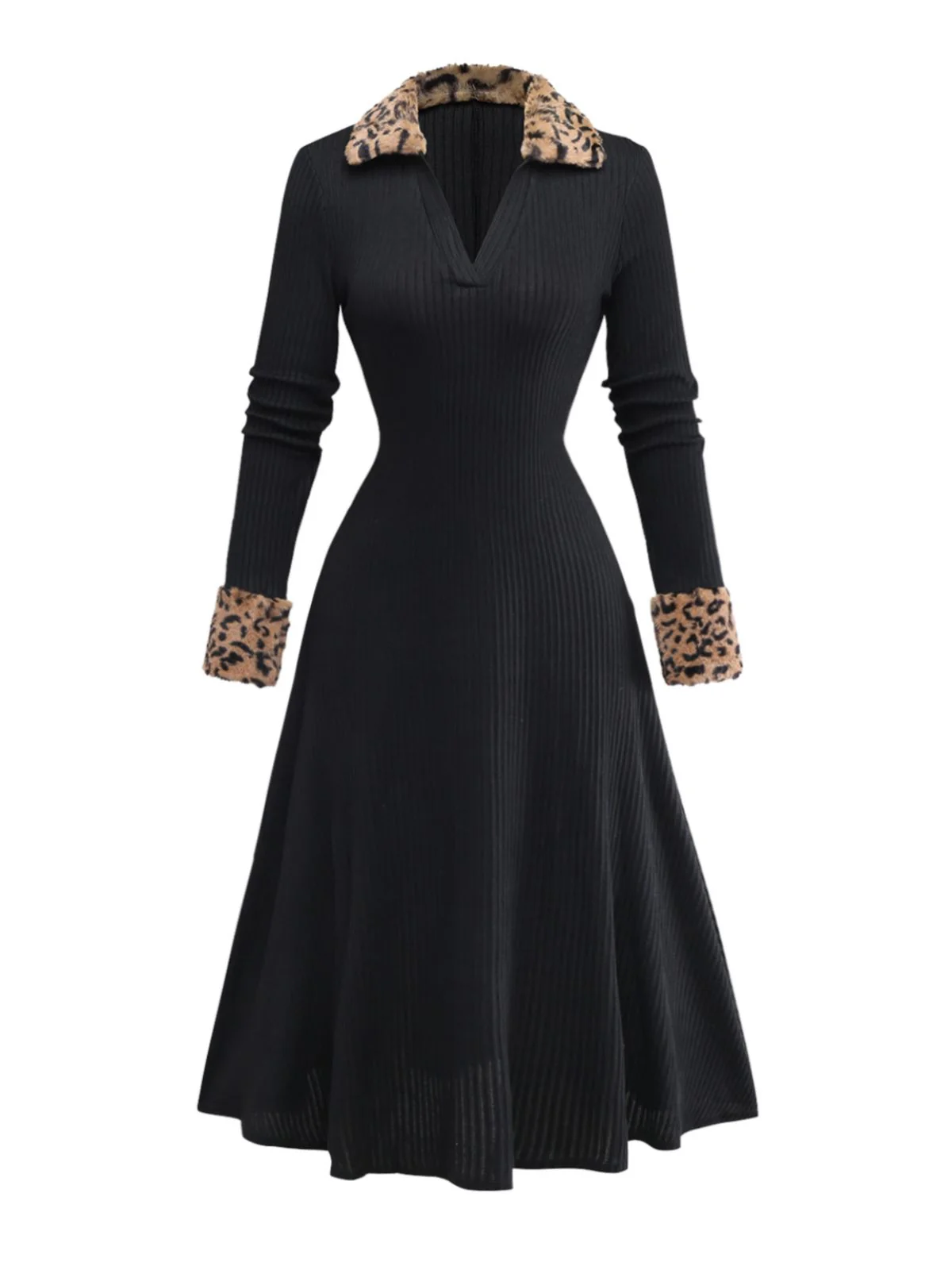 Black 1940s Leopard Faux Fur Trim Ribbed Knit Dress - Image 2