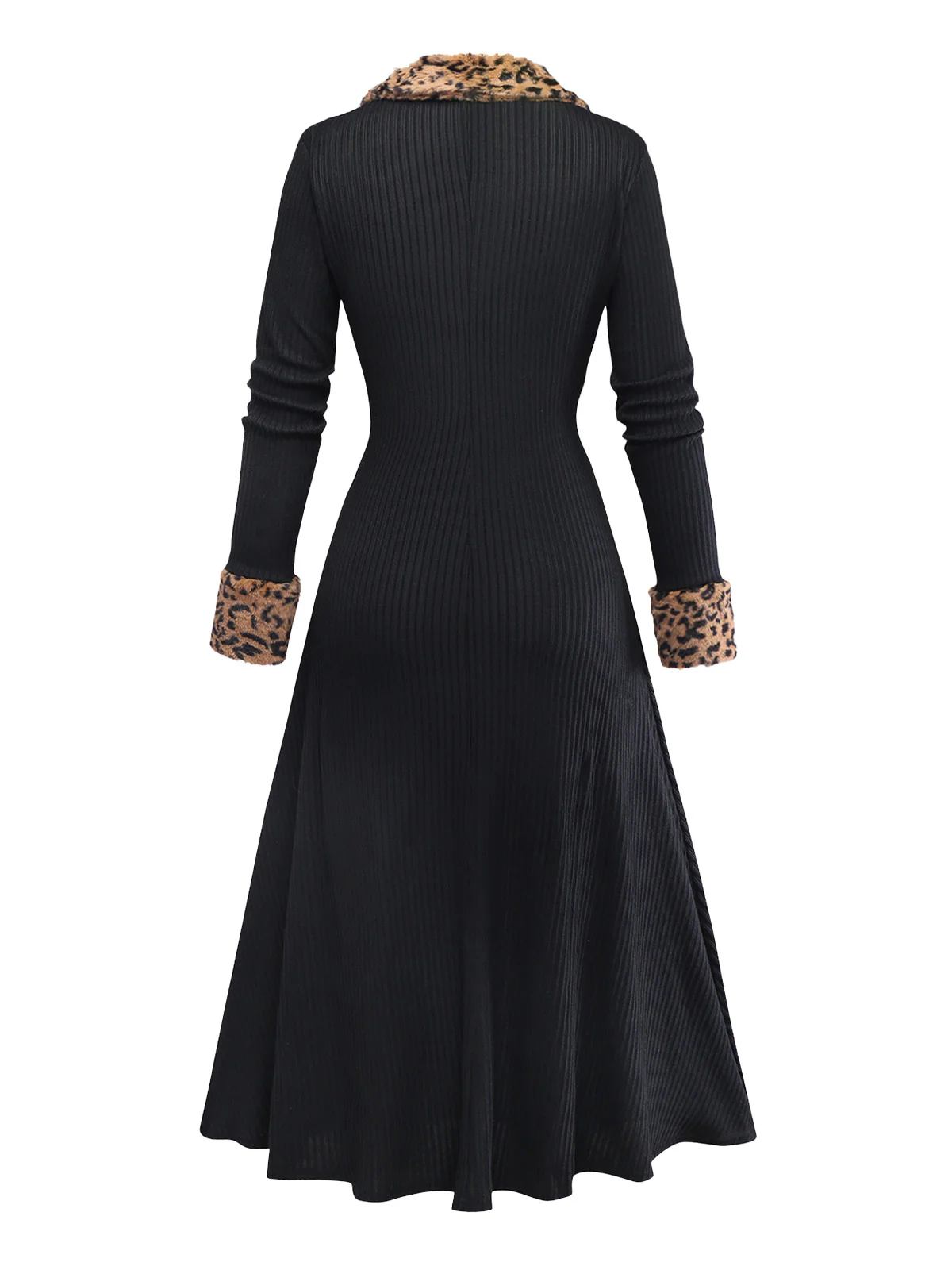 Black 1940s Leopard Faux Fur Trim Ribbed Knit Dress - Image 3