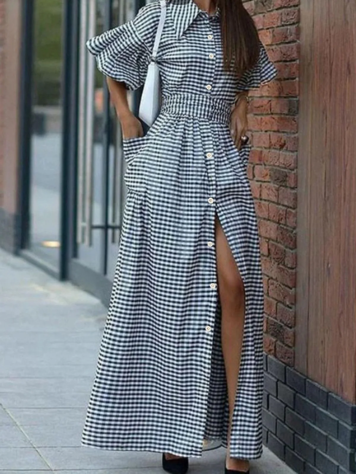 Black 1940s Plaid Puff Sleeve Long Shirt Dress - Image 2