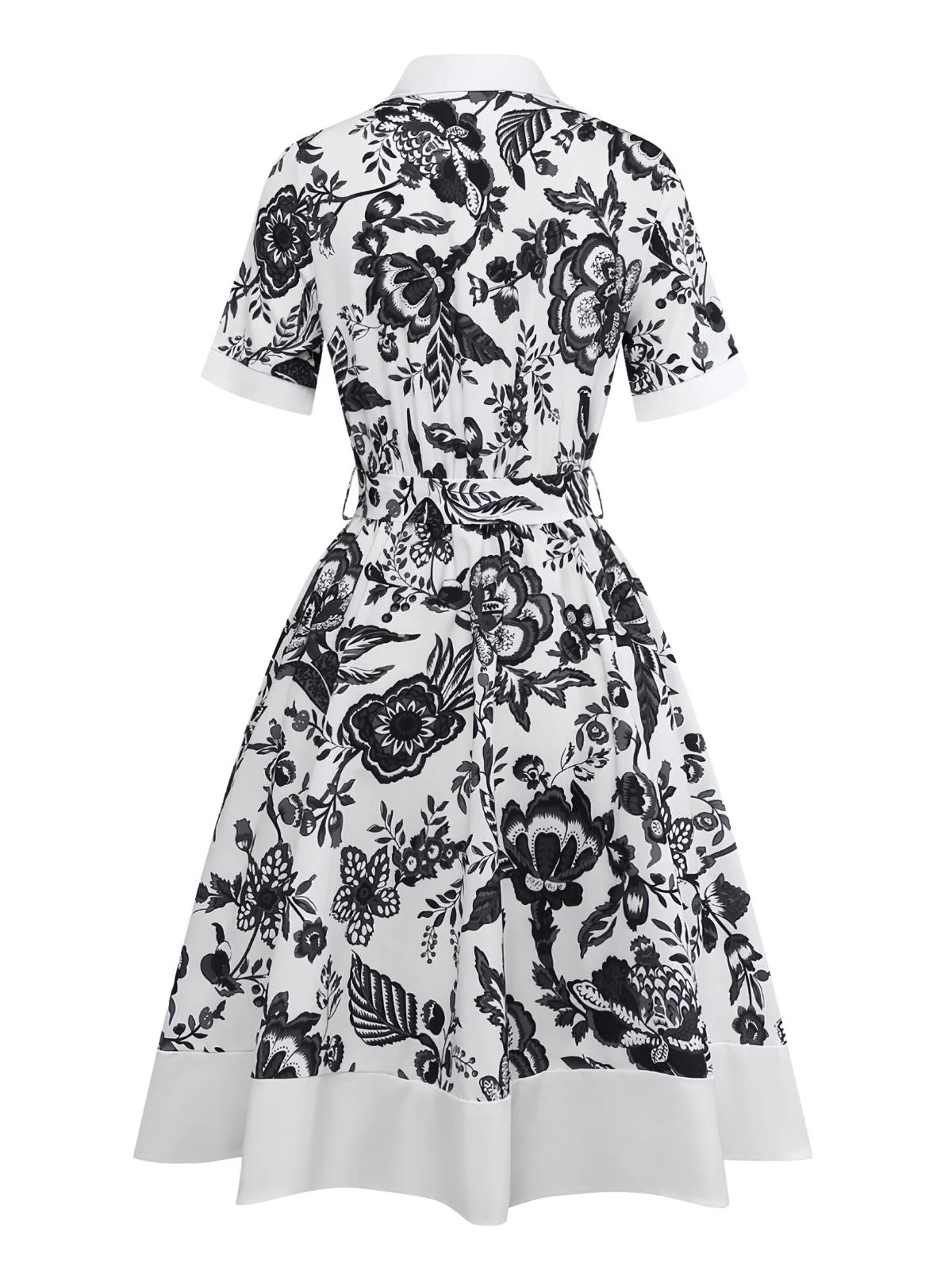 Black 1940s Plants Floral Shirt Collar Belted Dress - Image 2