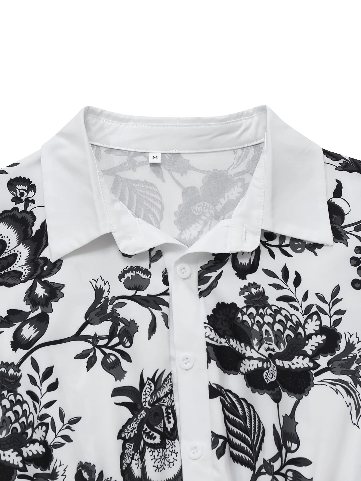 Black 1940s Plants Floral Shirt Collar Belted Dress - Image 3