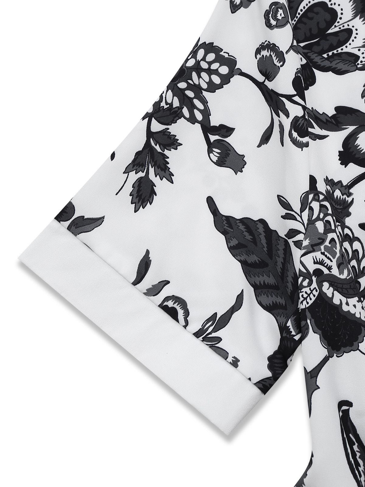Black 1940s Plants Floral Shirt Collar Belted Dress - Image 4