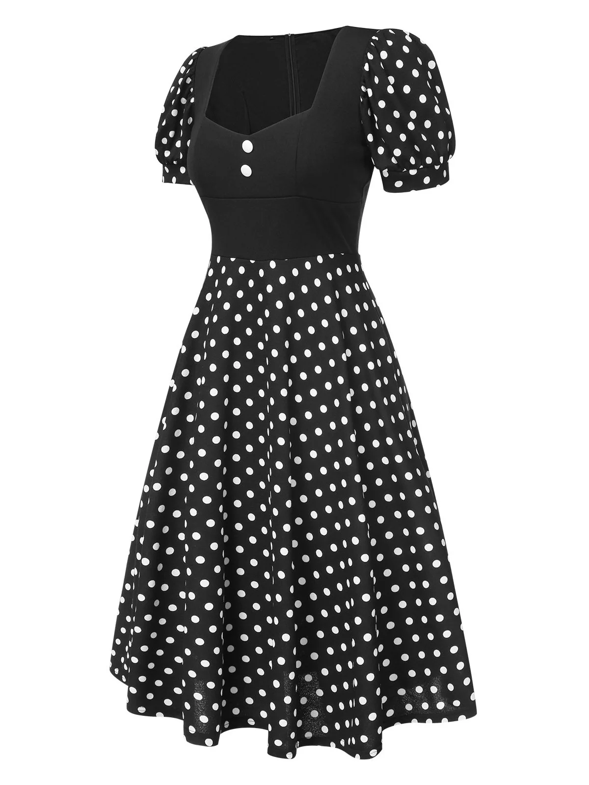 Black 1940s Polka Dot Scoop Neck Patchwork Dress - Image 2