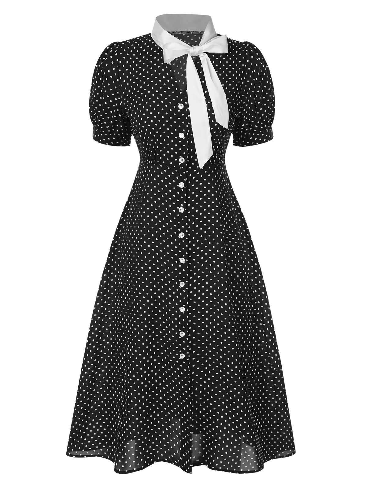 Black 1940s Polka Dots Tie Neck Dress - Image 2