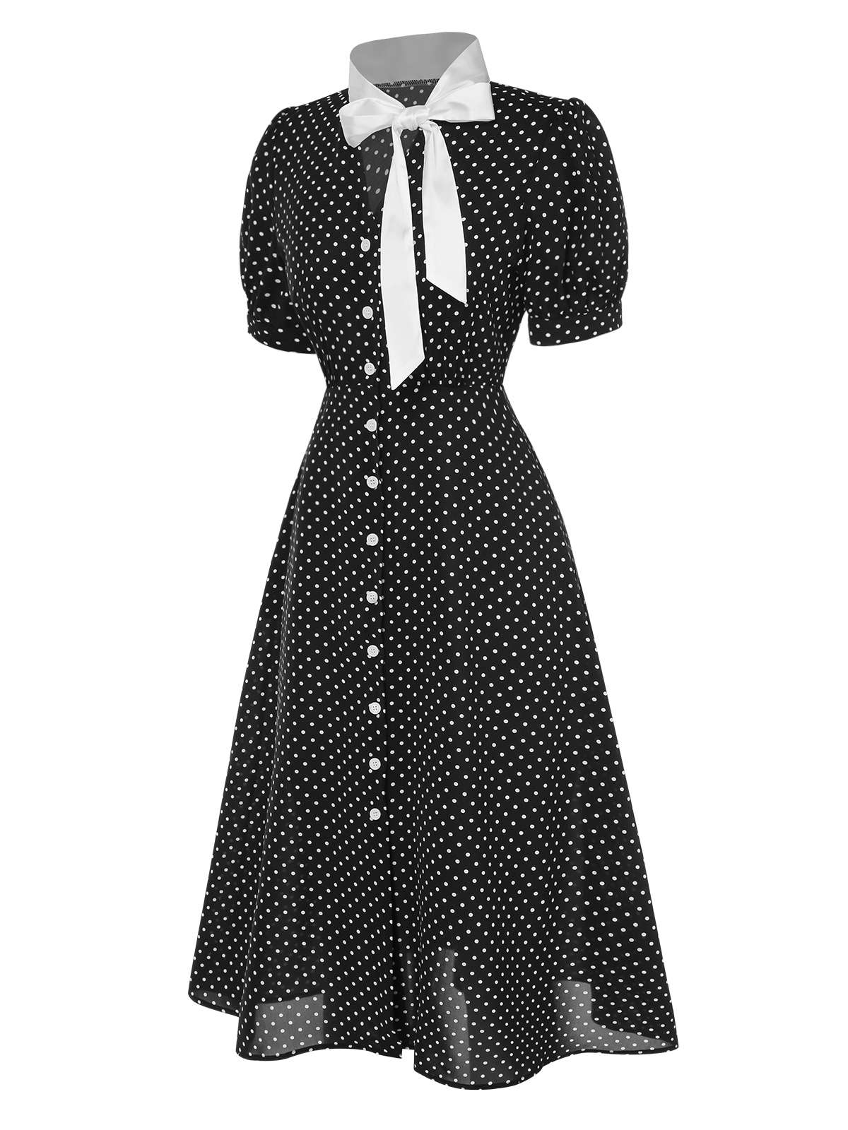 Black 1940s Polka Dots Tie Neck Dress - Image 3