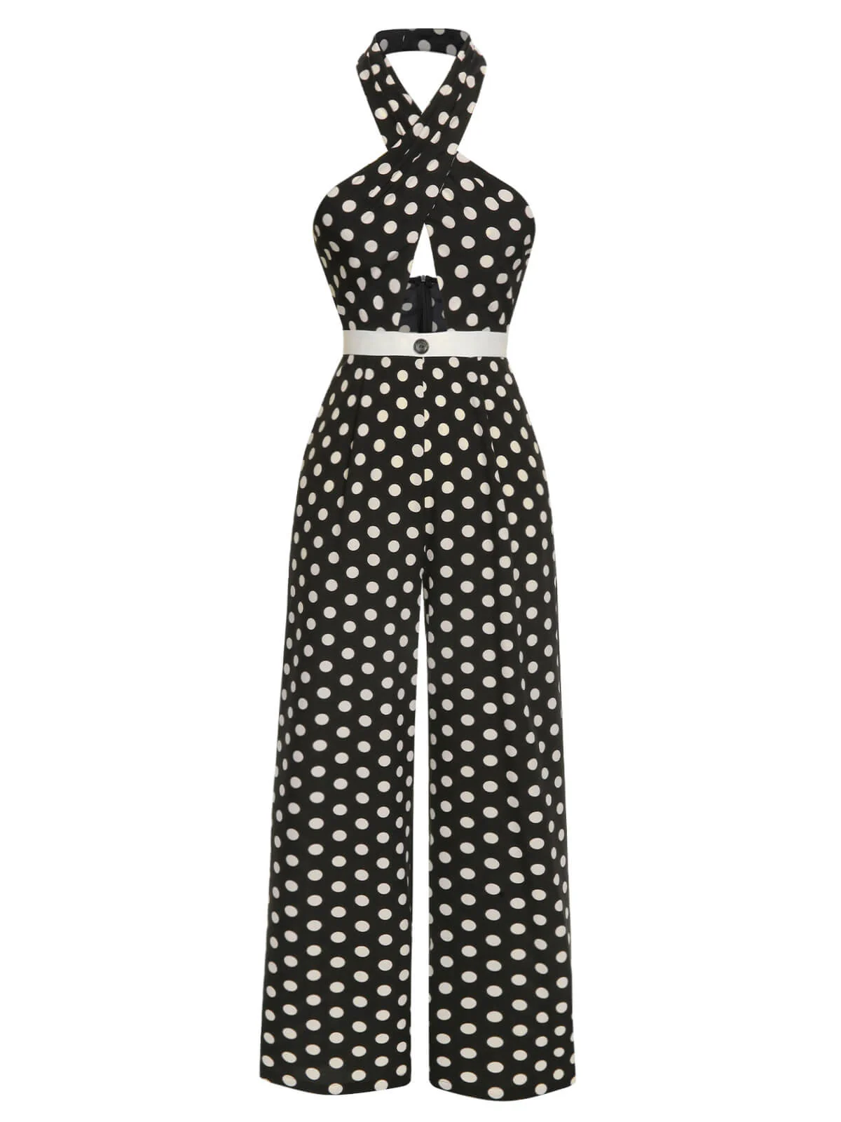 Black 1940s Polka Dots Cross Halter Jumpsuit - Image 2