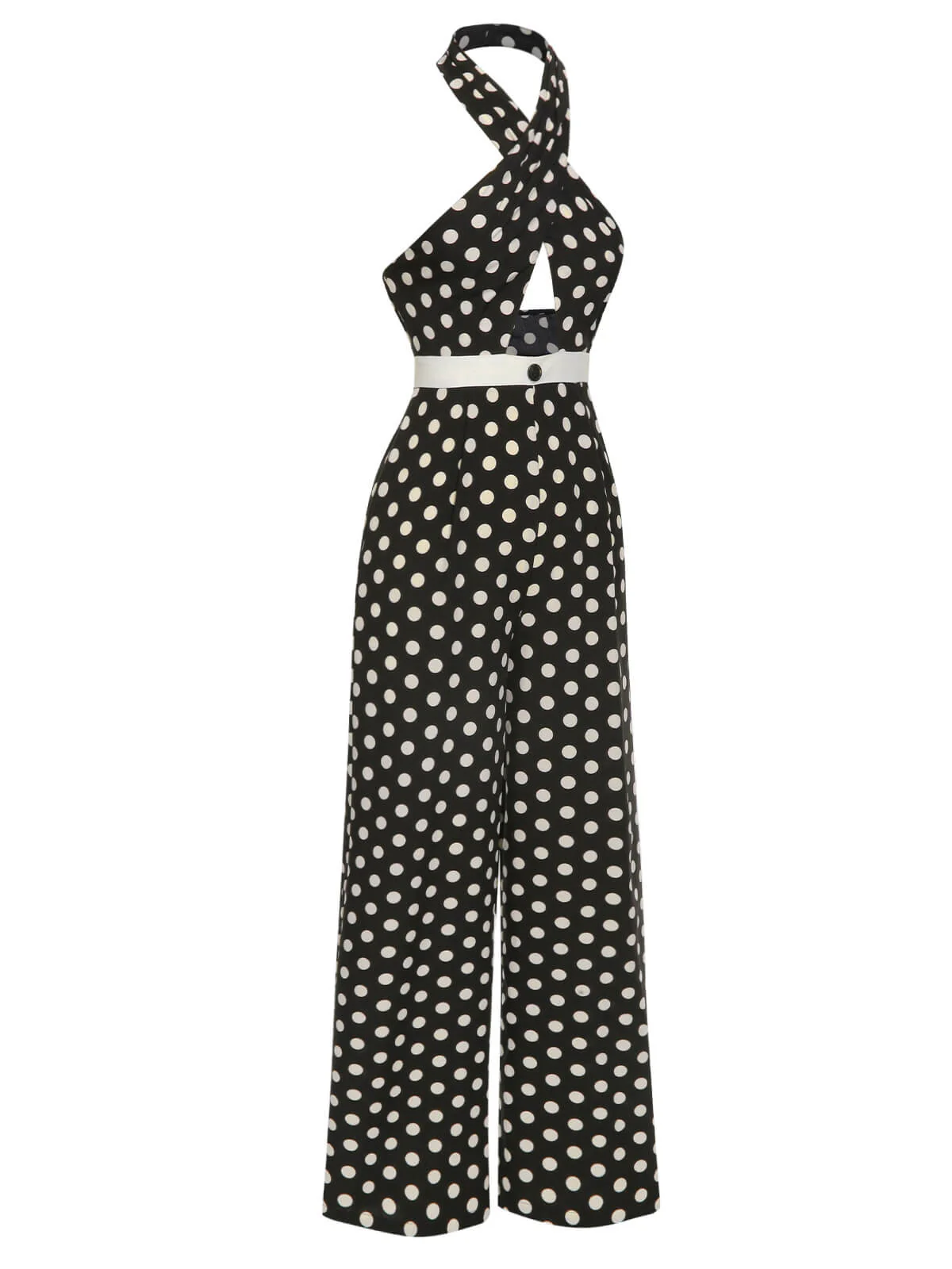 Black 1940s Polka Dots Cross Halter Jumpsuit - Image 3
