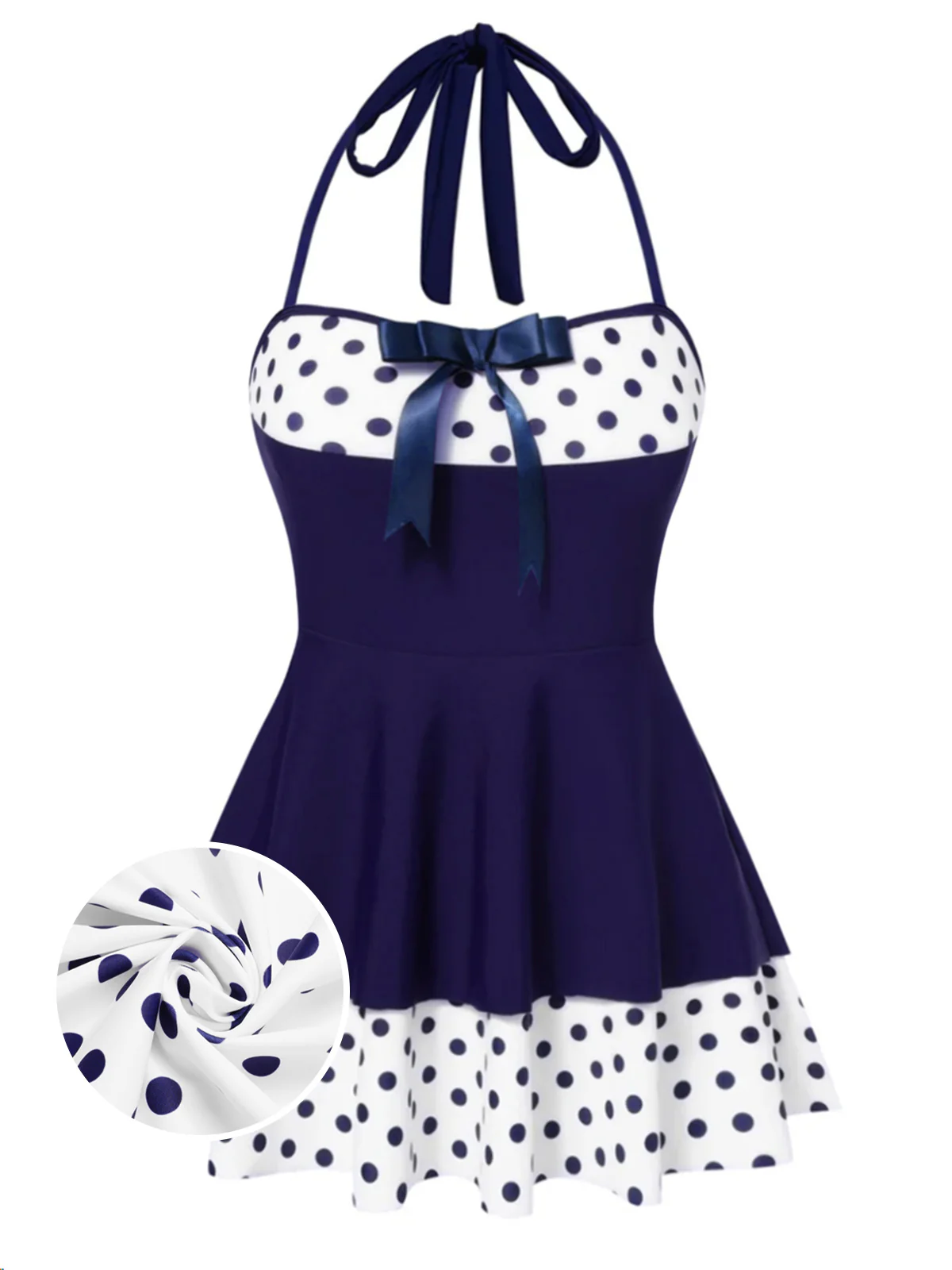[Pre-Sale] Brown 1940s Polka Dots Patchwork Halter Swimdress - Image 3