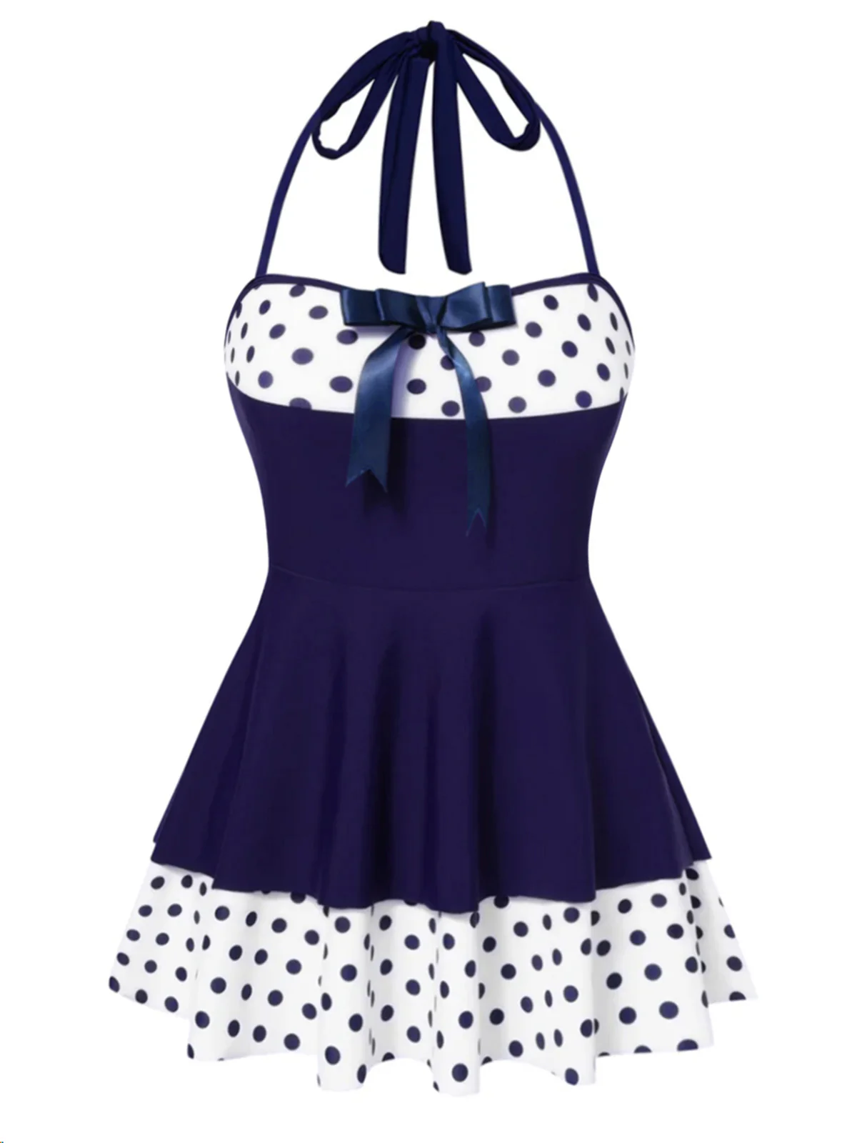 [Pre-Sale] Brown 1940s Polka Dots Patchwork Halter Swimdress - Image 4