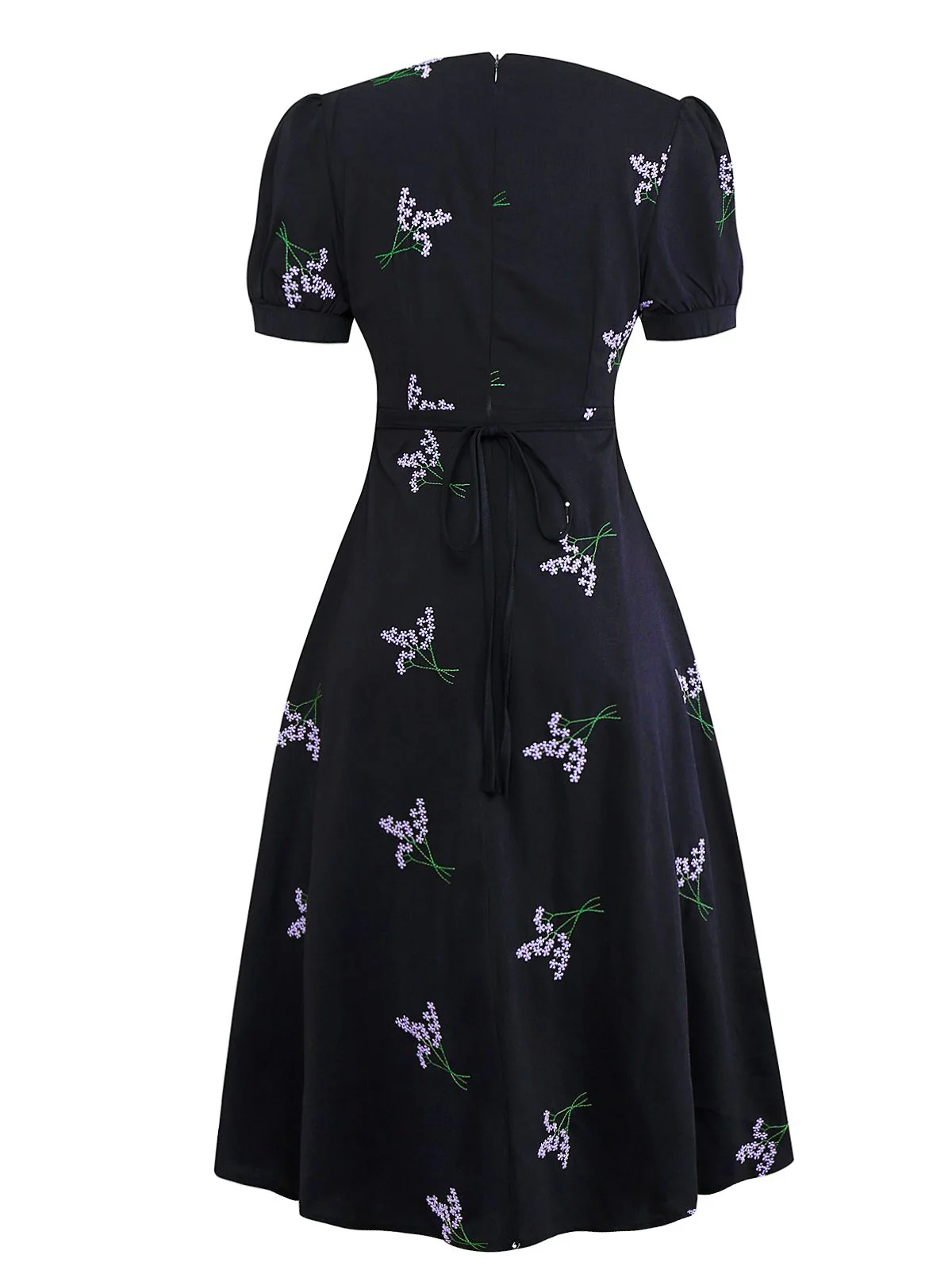 Black 1940s Purple Floral Embroidered V-Neck Dress - Image 2