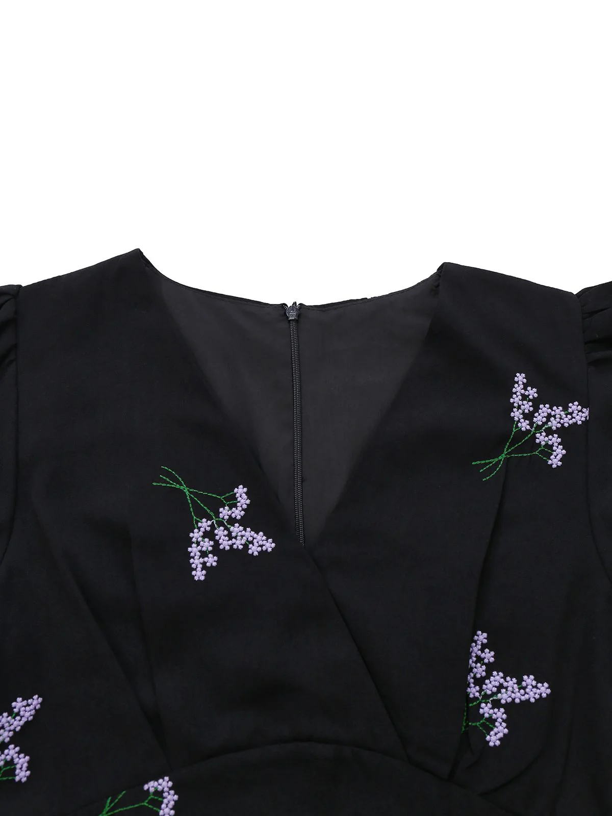 Black 1940s Purple Floral Embroidered V-Neck Dress - Image 3