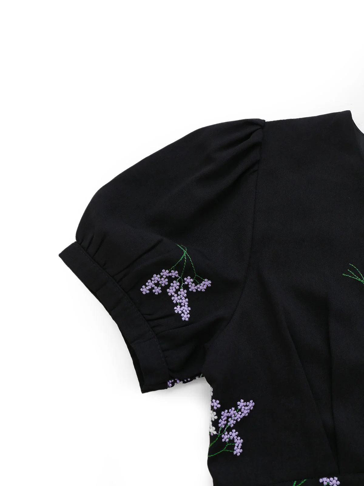 Black 1940s Purple Floral Embroidered V-Neck Dress - Image 4