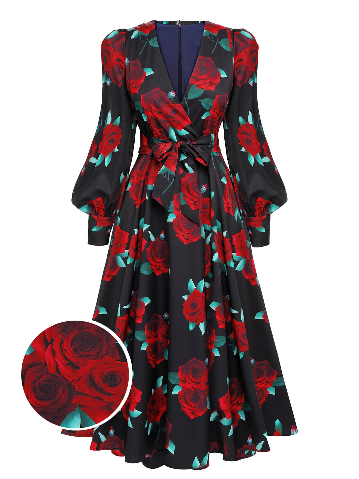 Black 1940s Rose Lantern Sleeved Lace-Up Dress - Image 3