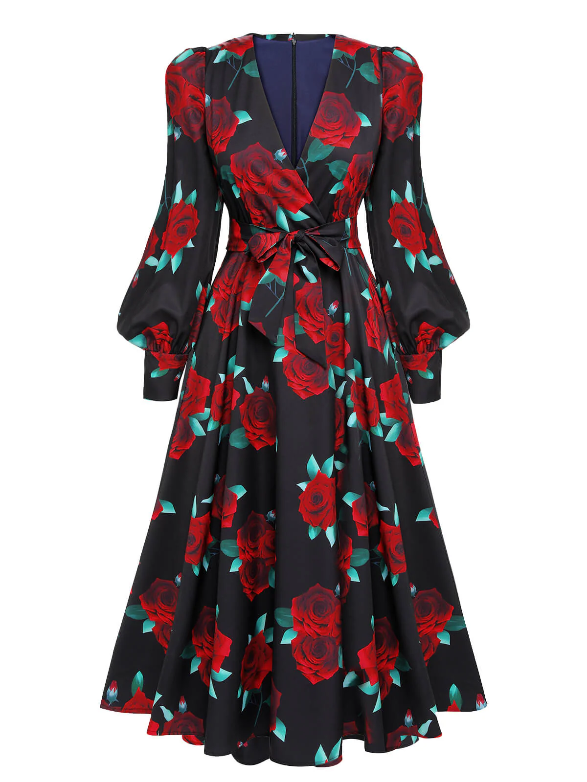 Black 1940s Rose Lantern Sleeved Lace-Up Dress - Image 4
