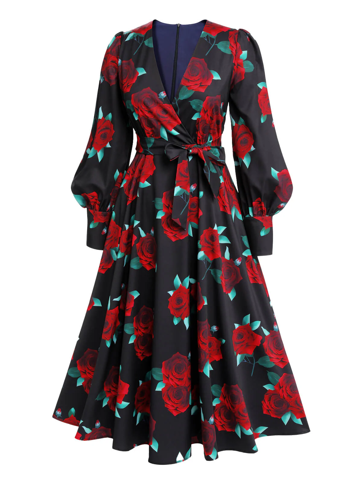 Black 1940s Rose Lantern Sleeved Lace-Up Dress - Image 5
