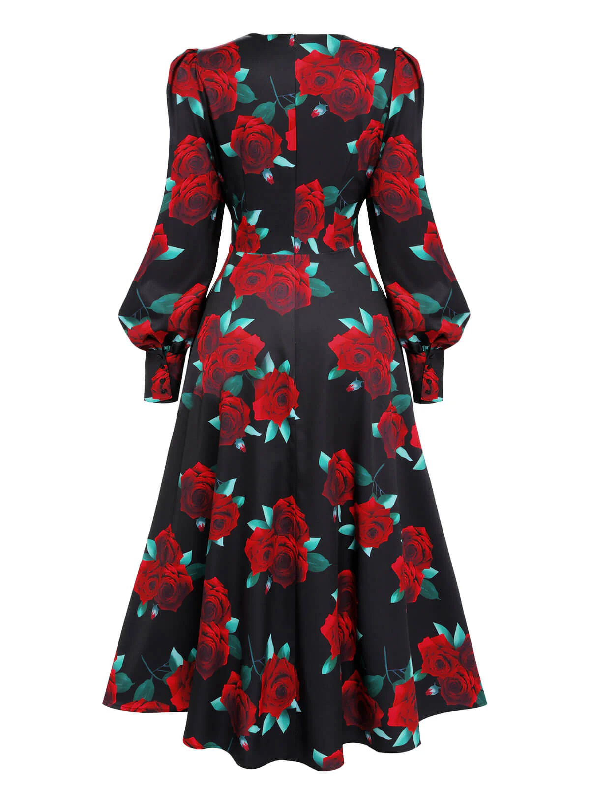 Black 1940s Rose Lantern Sleeved Lace-Up Dress - Image 6